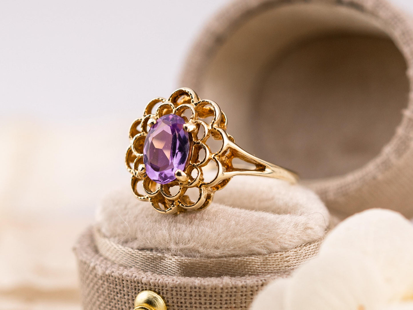Vintage amethyst ring filigree ring 10k solid yellow gold ring oval cut amethyst, Size 6.25