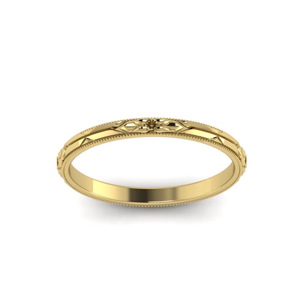 Vintage Art Deco band Orange Blossom Engraved Wedding Band 14k Yellow Gold handmade ring