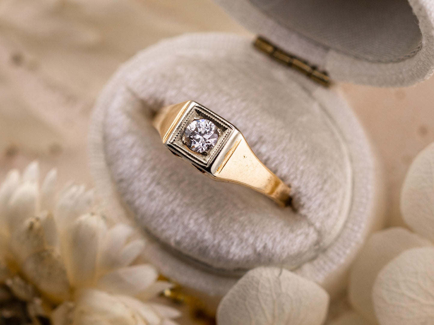 Vintage diamond engagement ring 14k solid gold engagement ring circa 1920s old European cut art deco engagement ring two tone ring, size 5