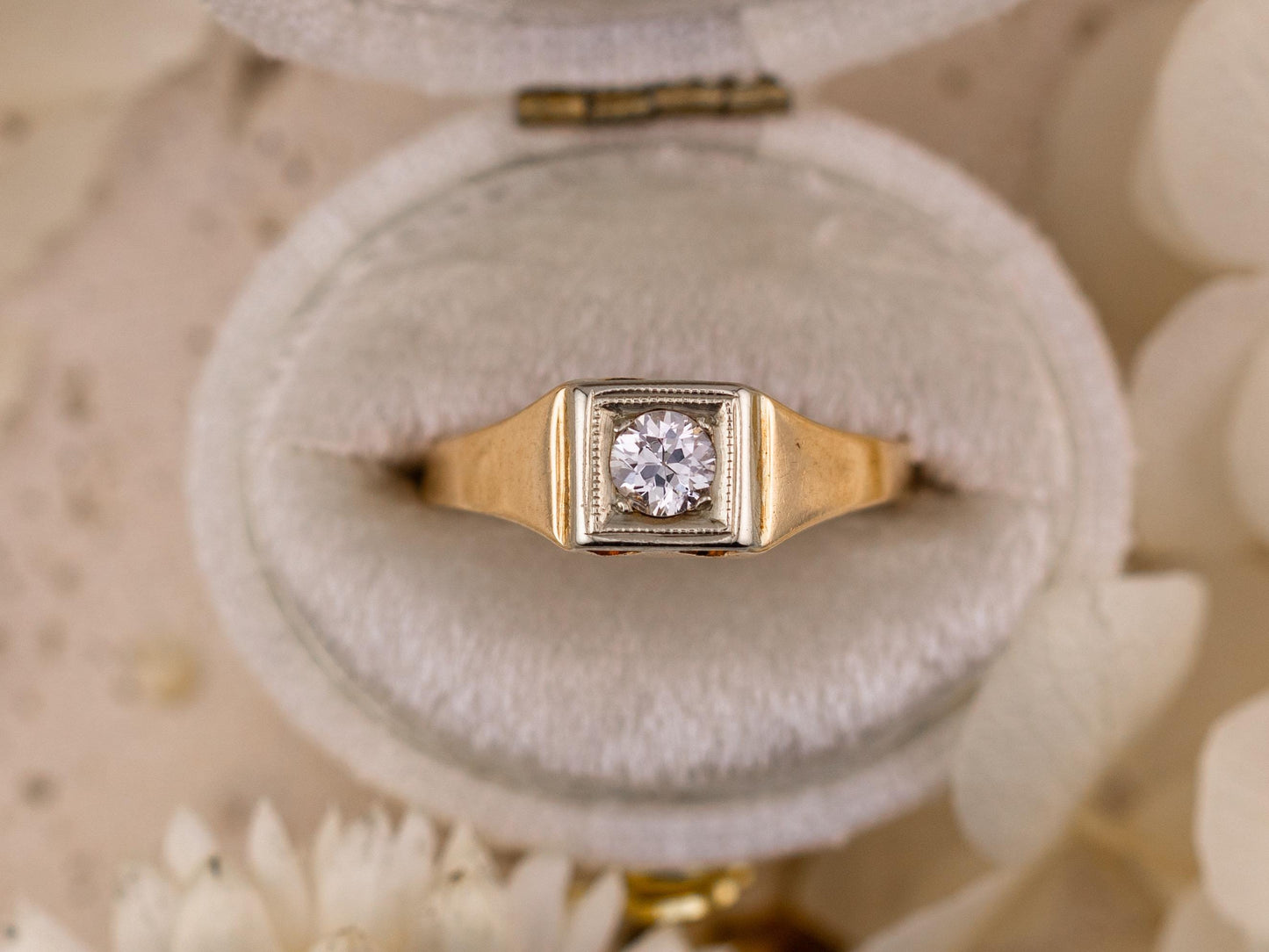 Vintage diamond engagement ring 14k solid gold engagement ring circa 1920s old European cut art deco engagement ring two tone ring, size 5