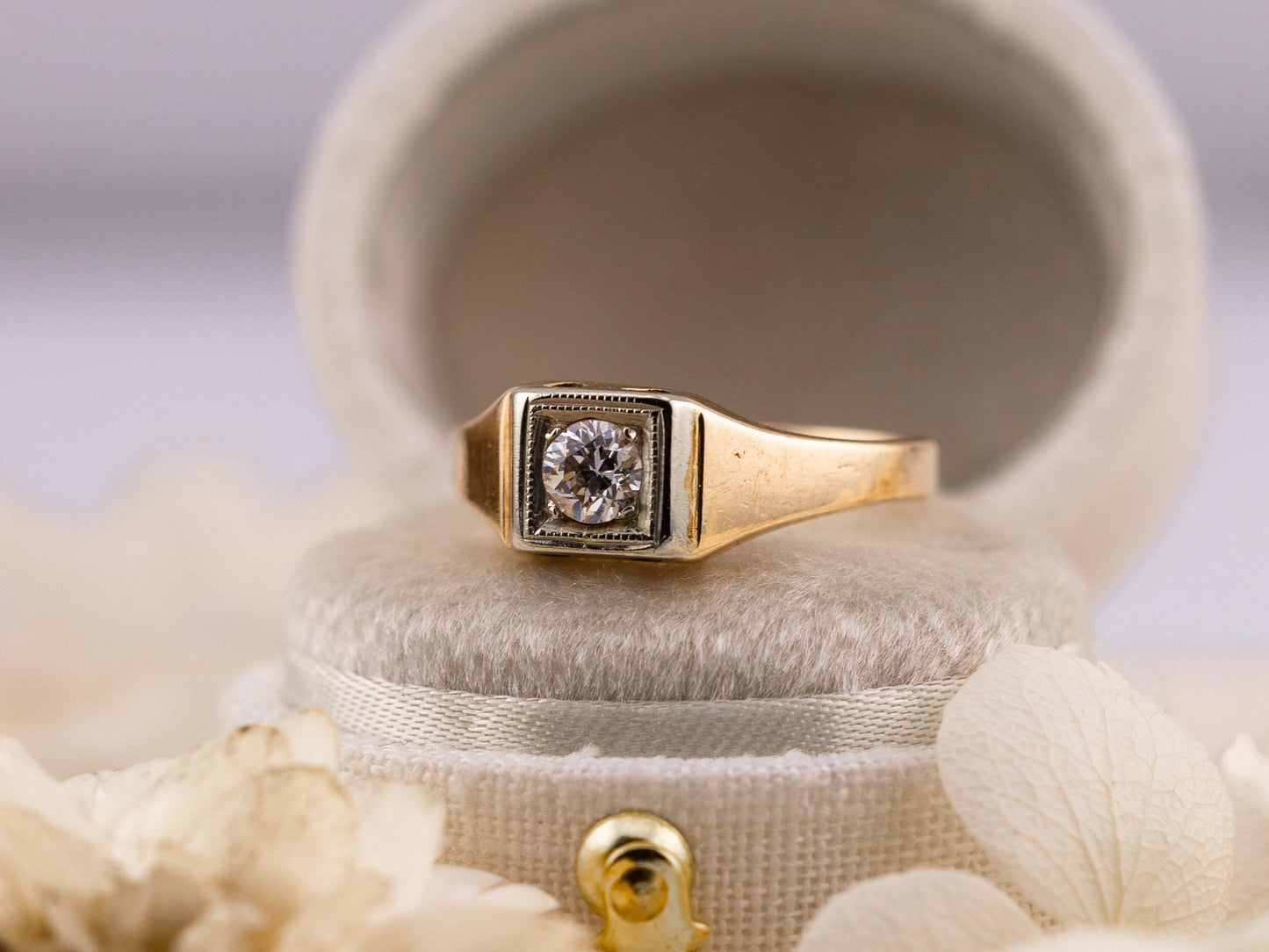 Vintage diamond engagement ring 14k solid gold engagement ring circa 1920s old European cut art deco engagement ring two tone ring, size 5