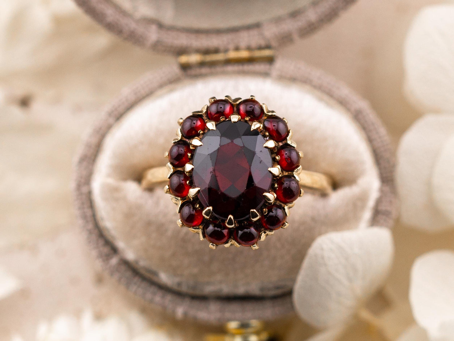 Vintage Garnet Ring halo Ring 8k solid yellow gold ring January Birthstone ring oval garnet