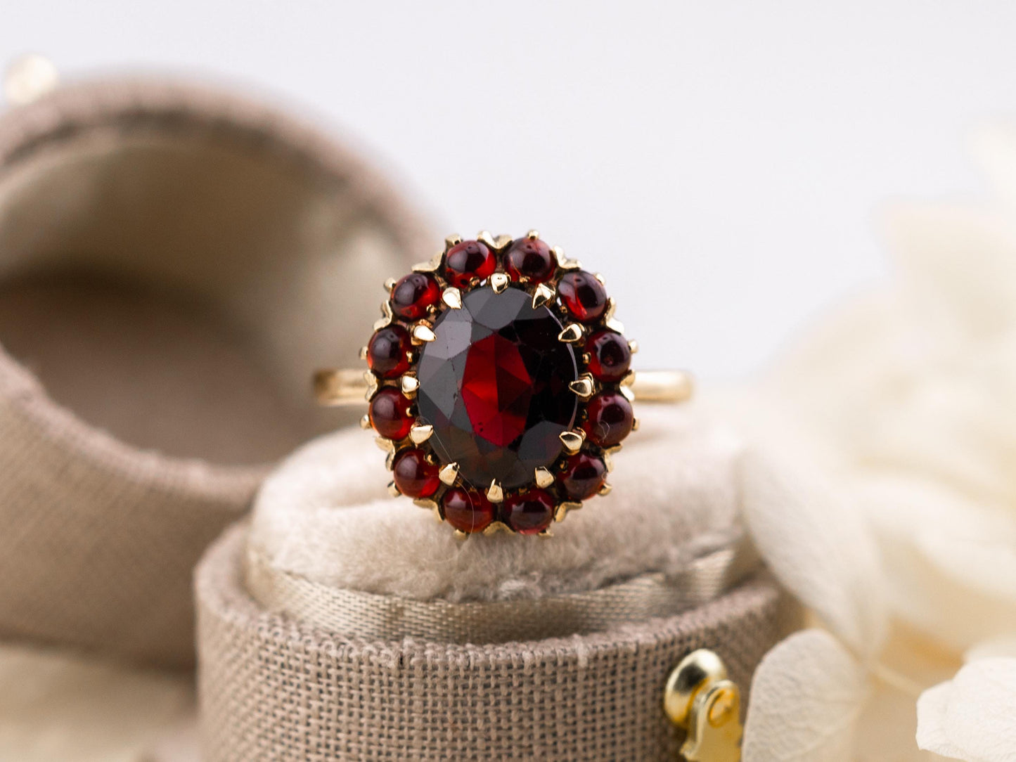 Vintage Garnet Ring halo Ring 8k solid yellow gold ring January Birthstone ring oval garnet