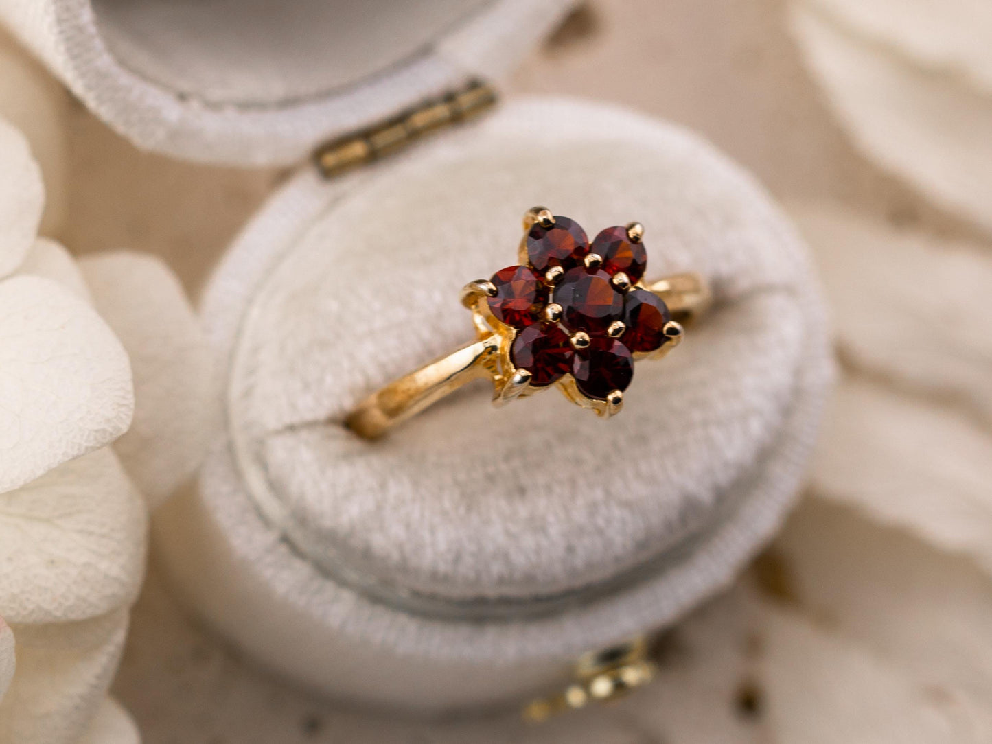 Vintage Garnet ring flower ring 10k solid gold ring January Birthstone ring, size 6