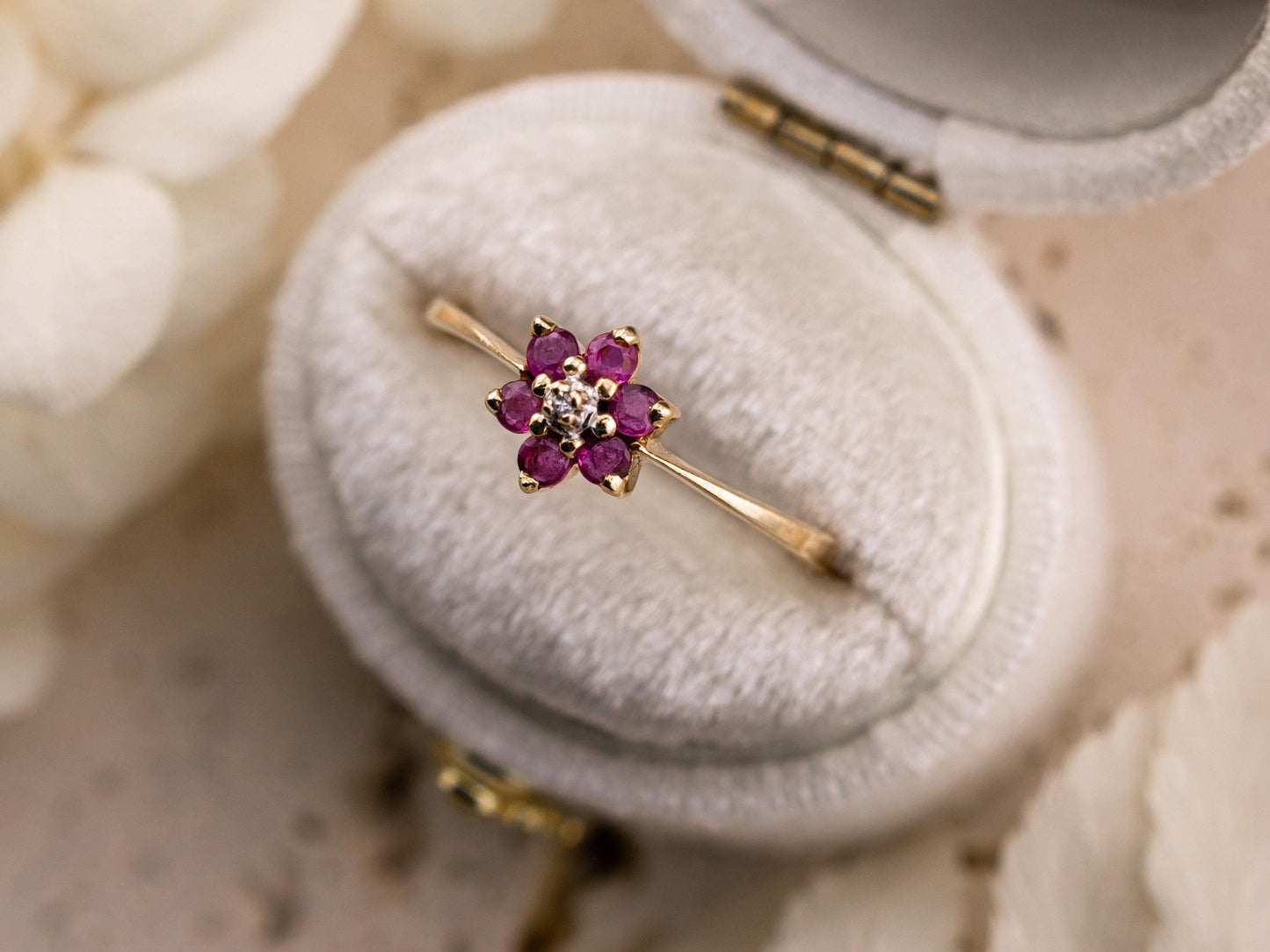 Vintage ruby and diamond ring 10k solid yellow gold flower ring round cut ruby ring genuine vintage ring, size 7