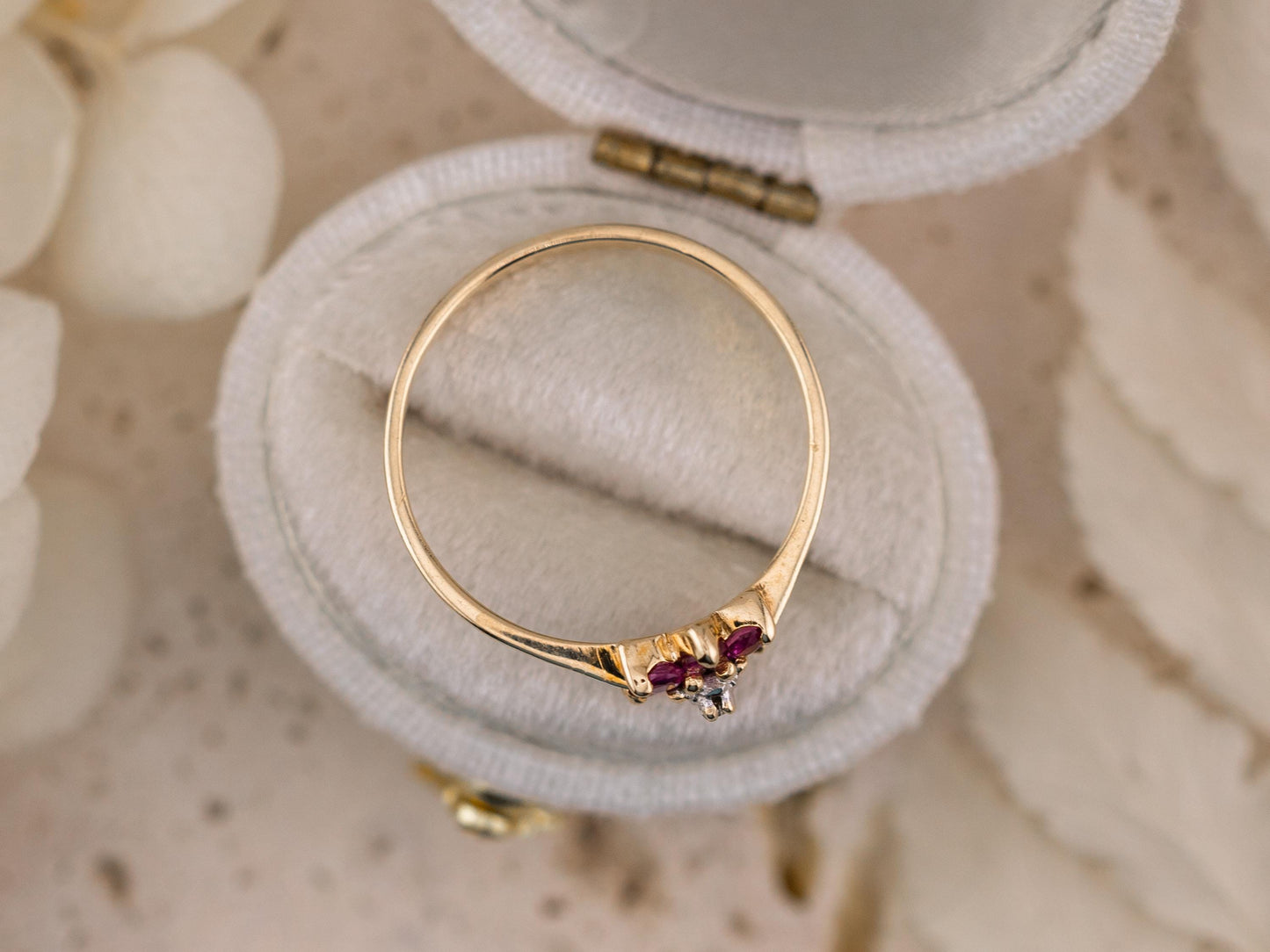 Vintage ruby and diamond ring 10k solid yellow gold flower ring round cut ruby ring genuine vintage ring, size 7