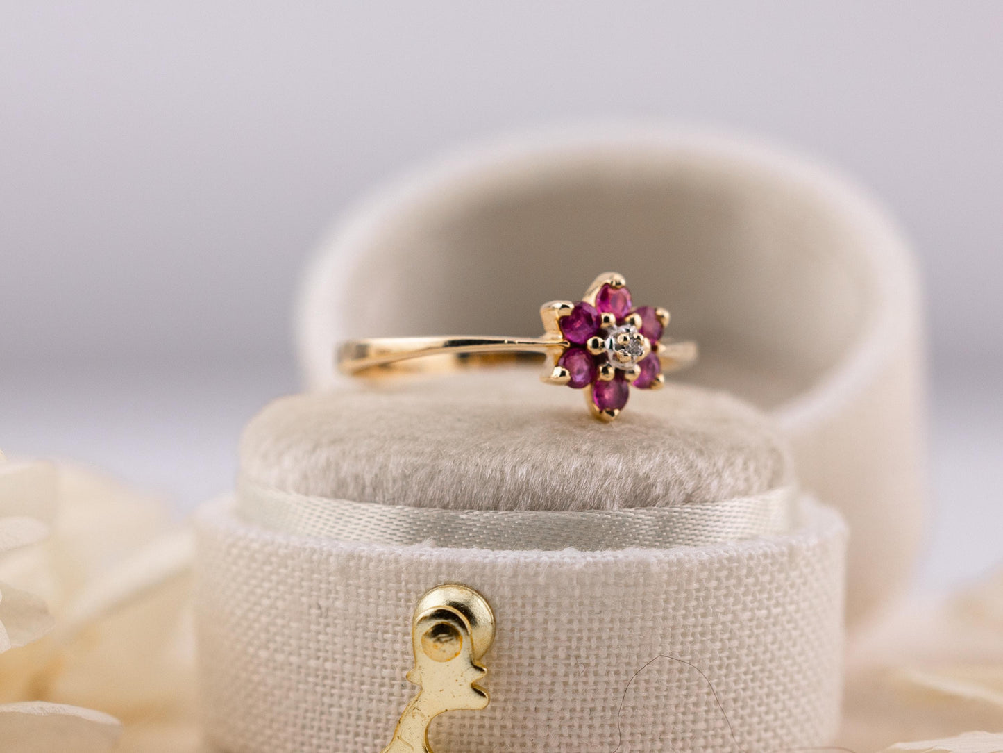 Vintage ruby and diamond ring 10k solid yellow gold flower ring round cut ruby ring genuine vintage ring, size 7