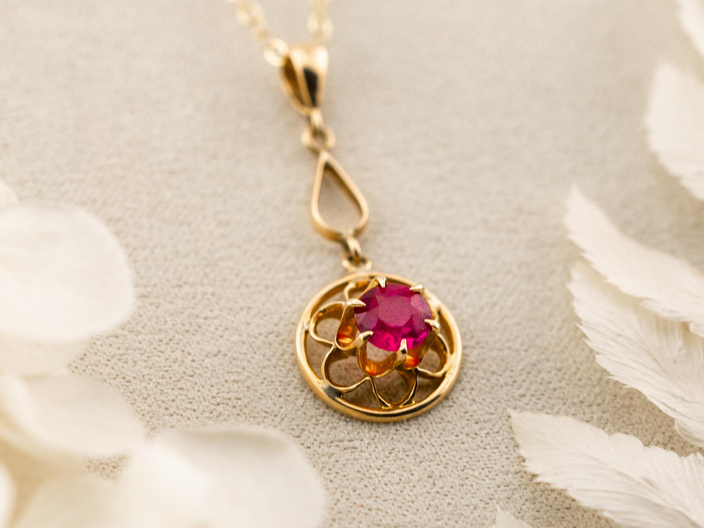 Vintage spinel necklace pendant 14k solid gold pink spinel necklace art deco necklace statement piece floral necklace floral pendant