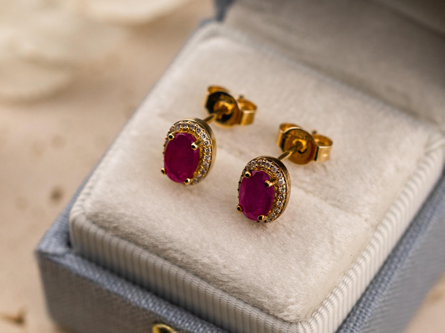 Vintage ruby earrings ruby and diamond earrings 10k solid yellow gold pink oval earrings halo