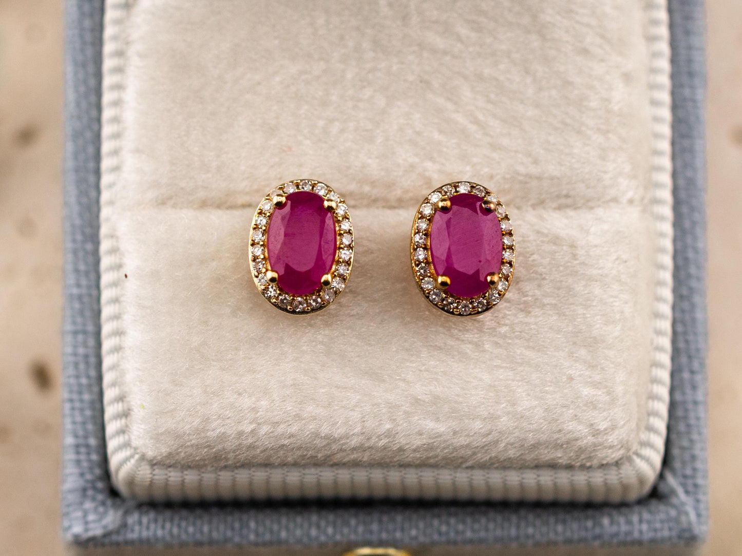 Vintage ruby earrings ruby and diamond earrings 10k solid yellow gold pink oval earrings halo