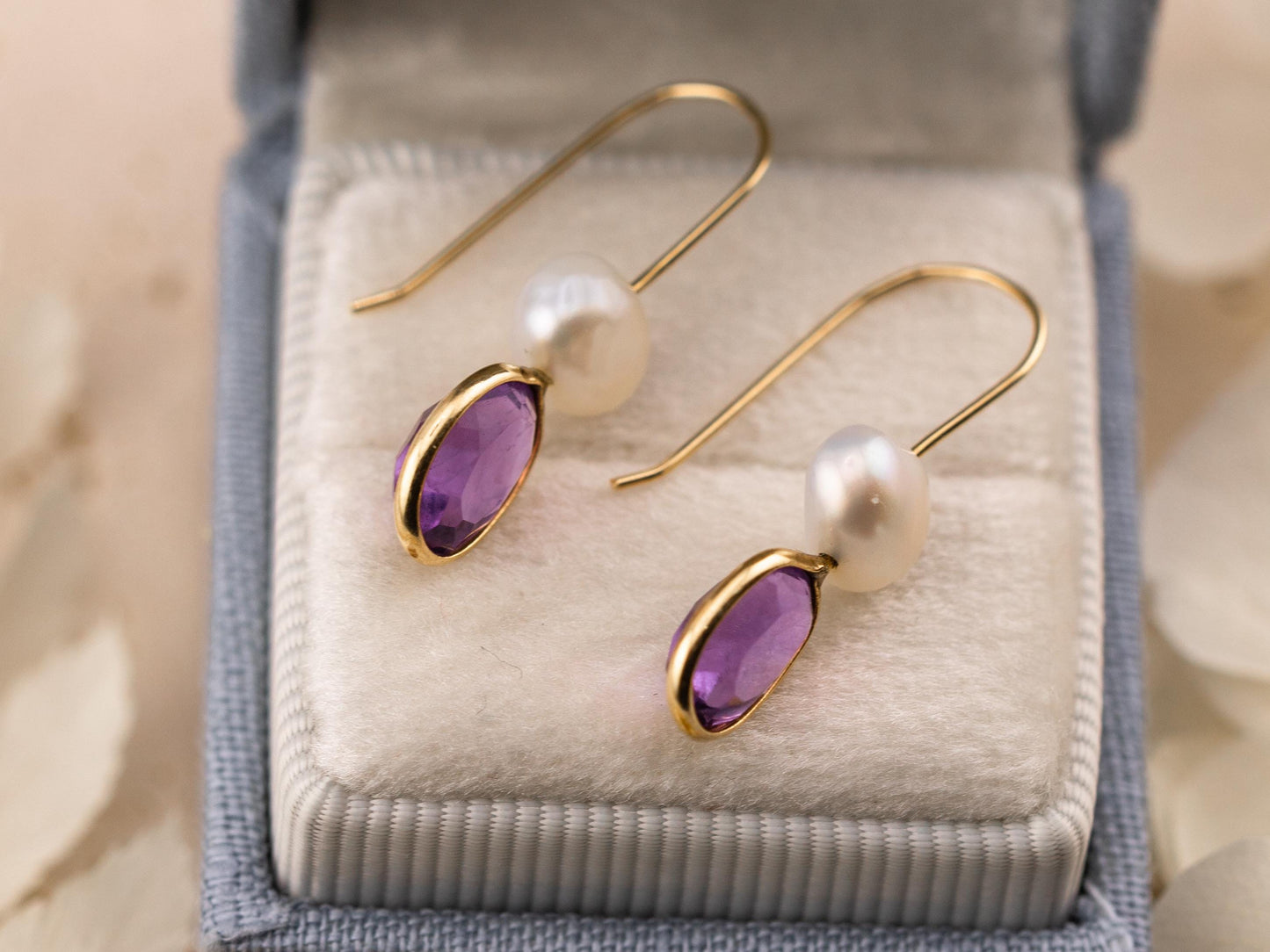 Amethyst and pearl earrings bezel set pear dangle earrings 14k solid yellow gold February birthstone earrings