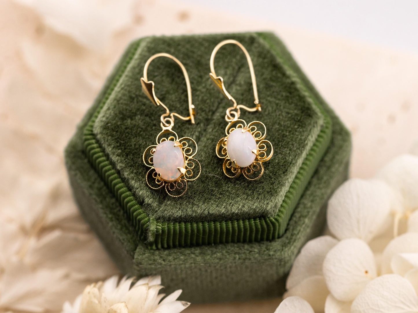 Vintage opal earrings oval cut earrings 14k solid yellow gold floral filigree earrings genuine vintage