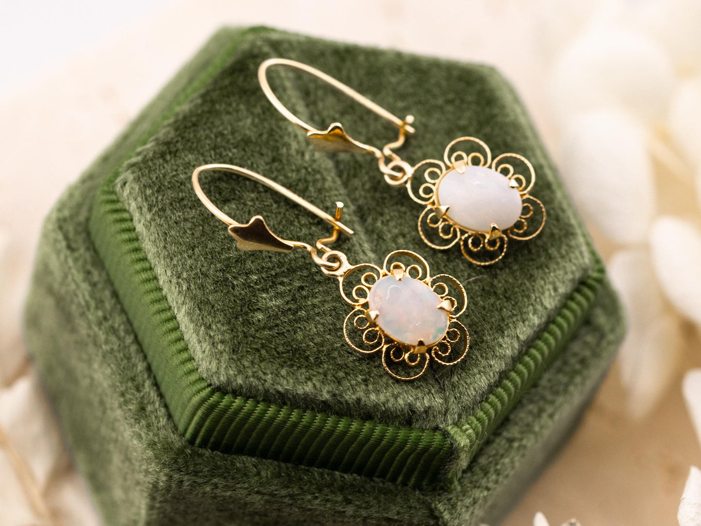 Vintage opal earrings oval cut earrings 14k solid yellow gold floral filigree earrings genuine vintage