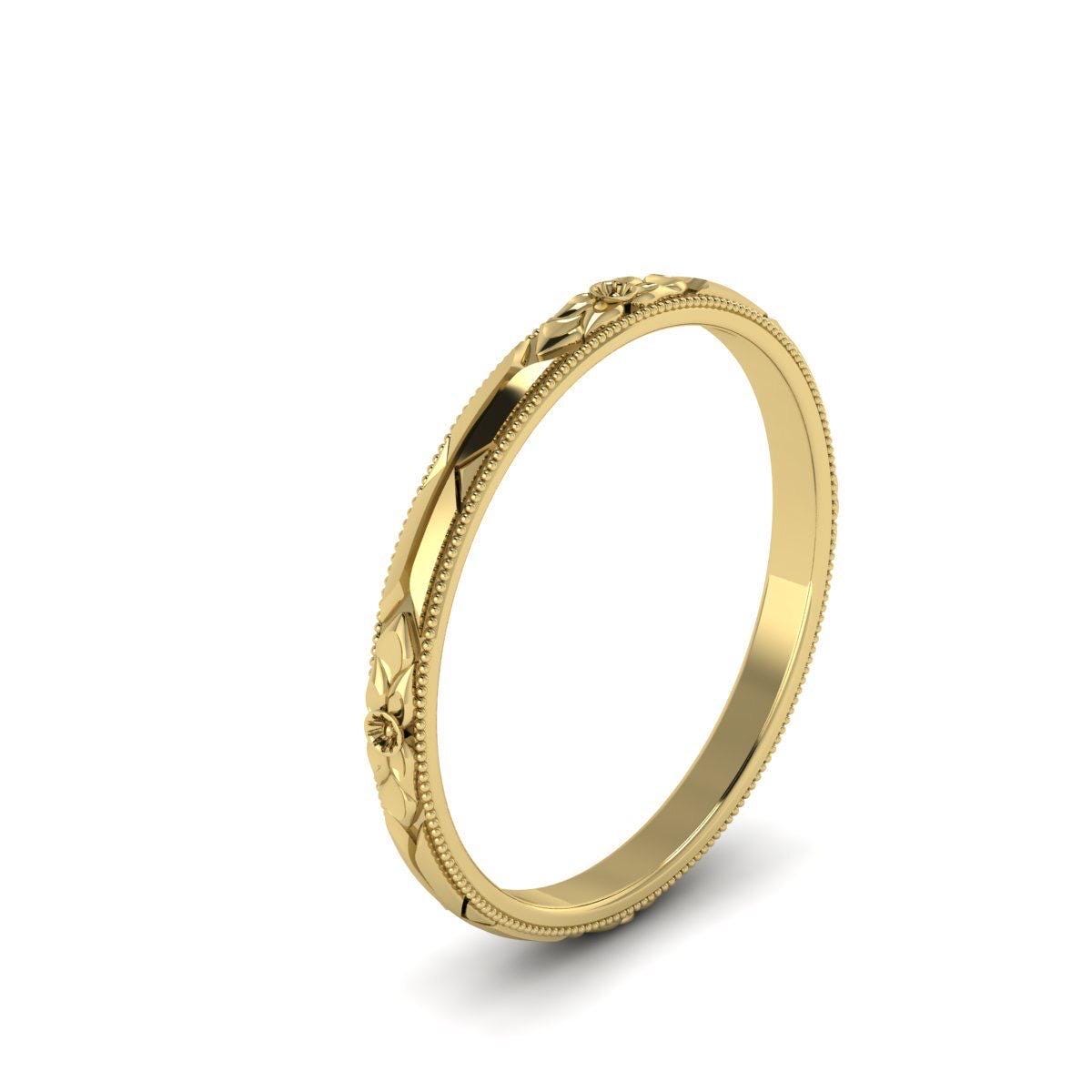 Vintage Art Deco band Orange Blossom Engraved Wedding Band 14k Yellow Gold handmade ring
