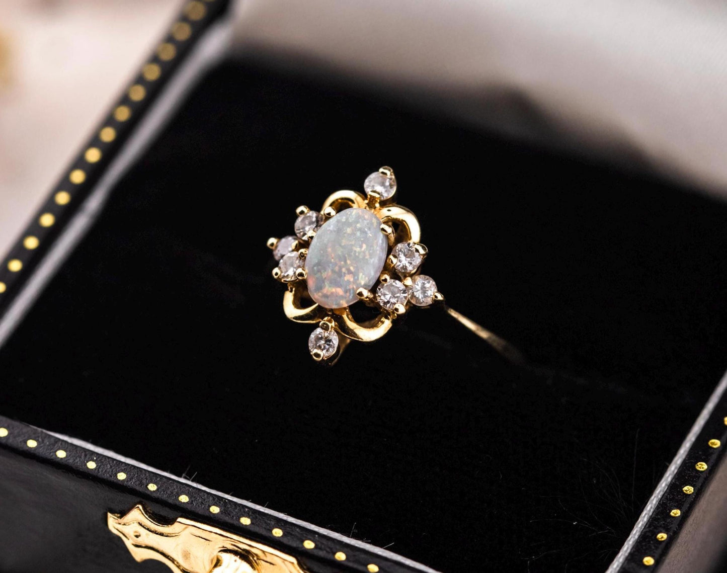 Vintage opal ring opal and diamond ring 14k solid gold statement or engagement ring, genuine antique vintage oval cut ring, size 7