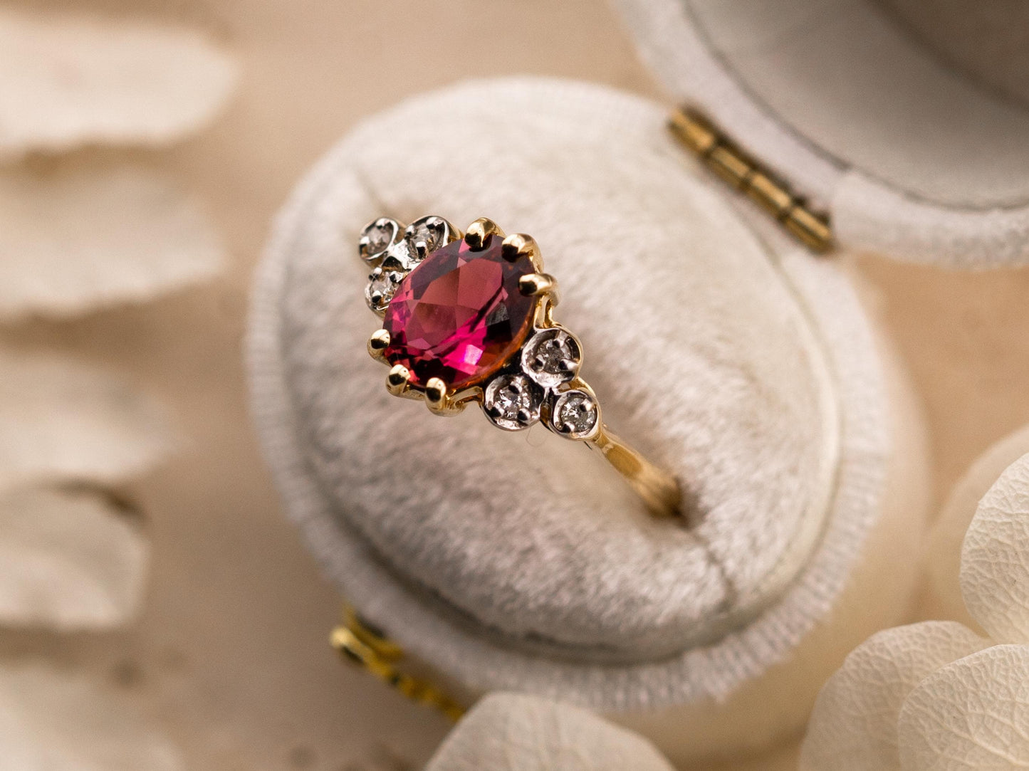 Vintage rhodolite garnet ring art deco ring 10k solid yellow gold oval cut with diamond accents, Size 6.25