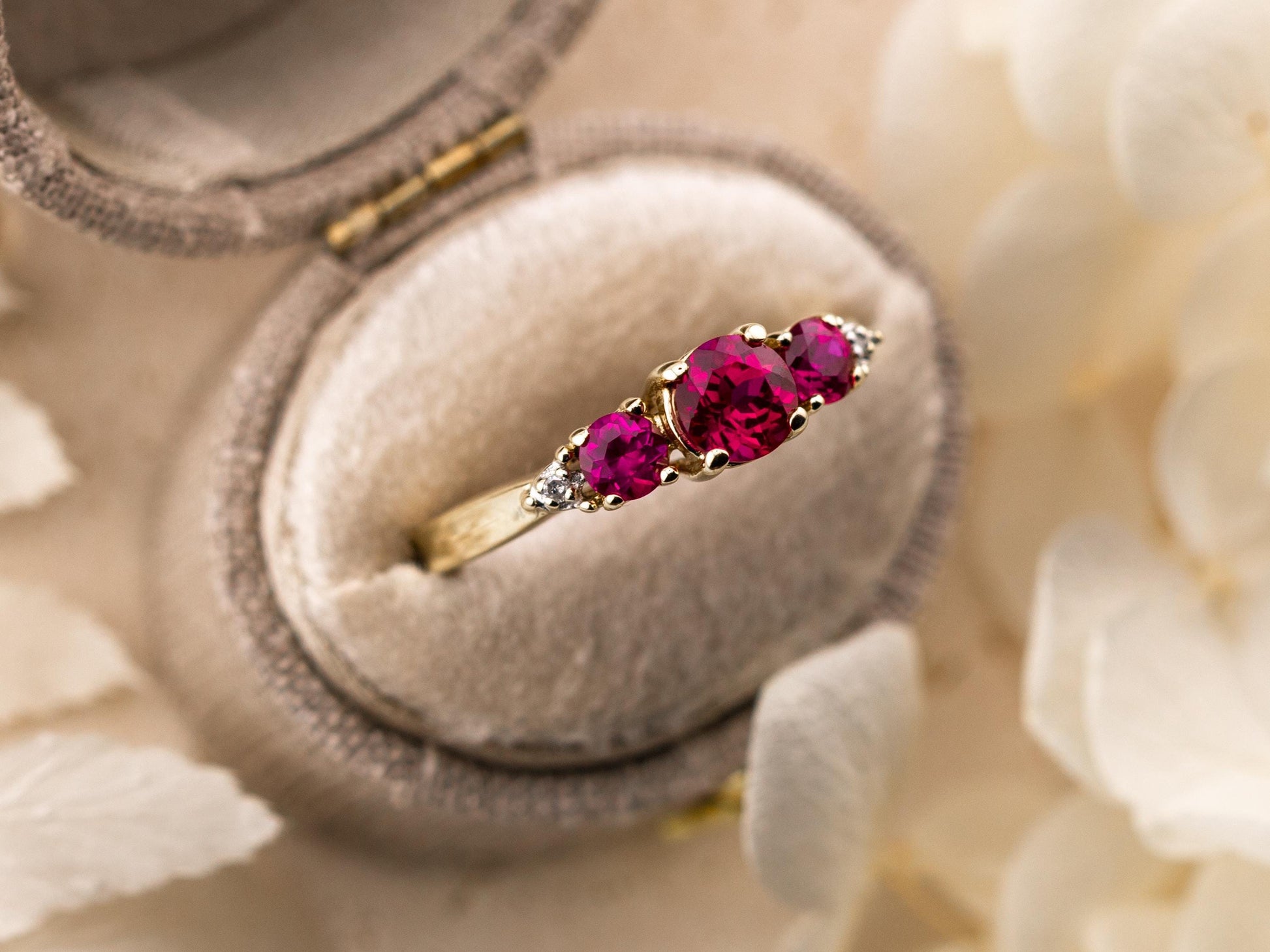 Vintage ruby ring round cut three stone ruby ring 10k solid yellow gold lab grown ethical ruby and diamond ring, size 6.5