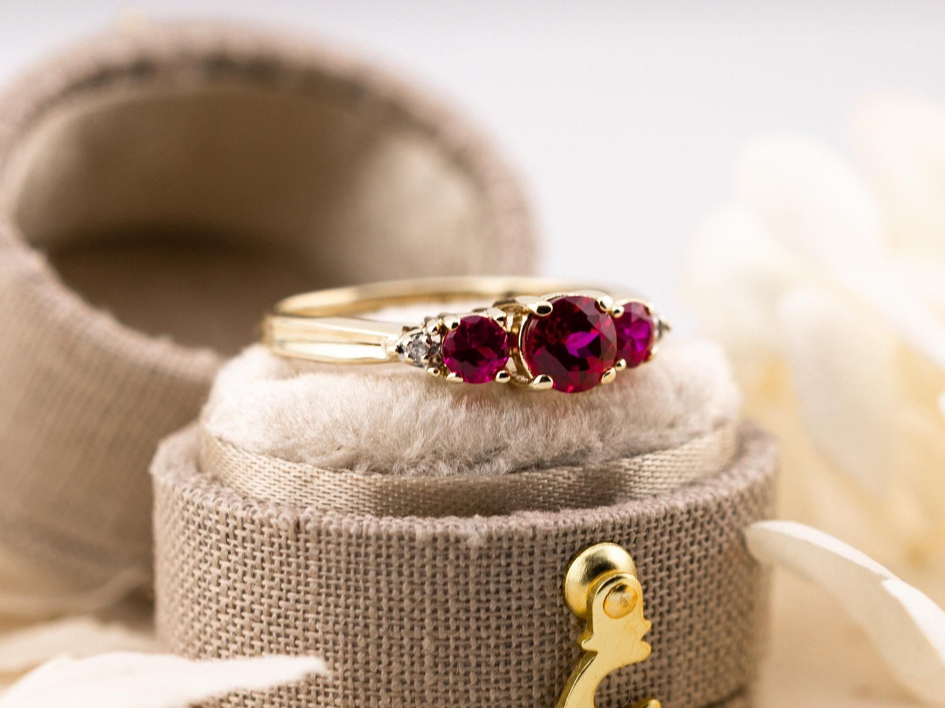 Vintage ruby ring round cut three stone ruby ring 10k solid yellow gold lab grown ethical ruby and diamond ring, size 6.5