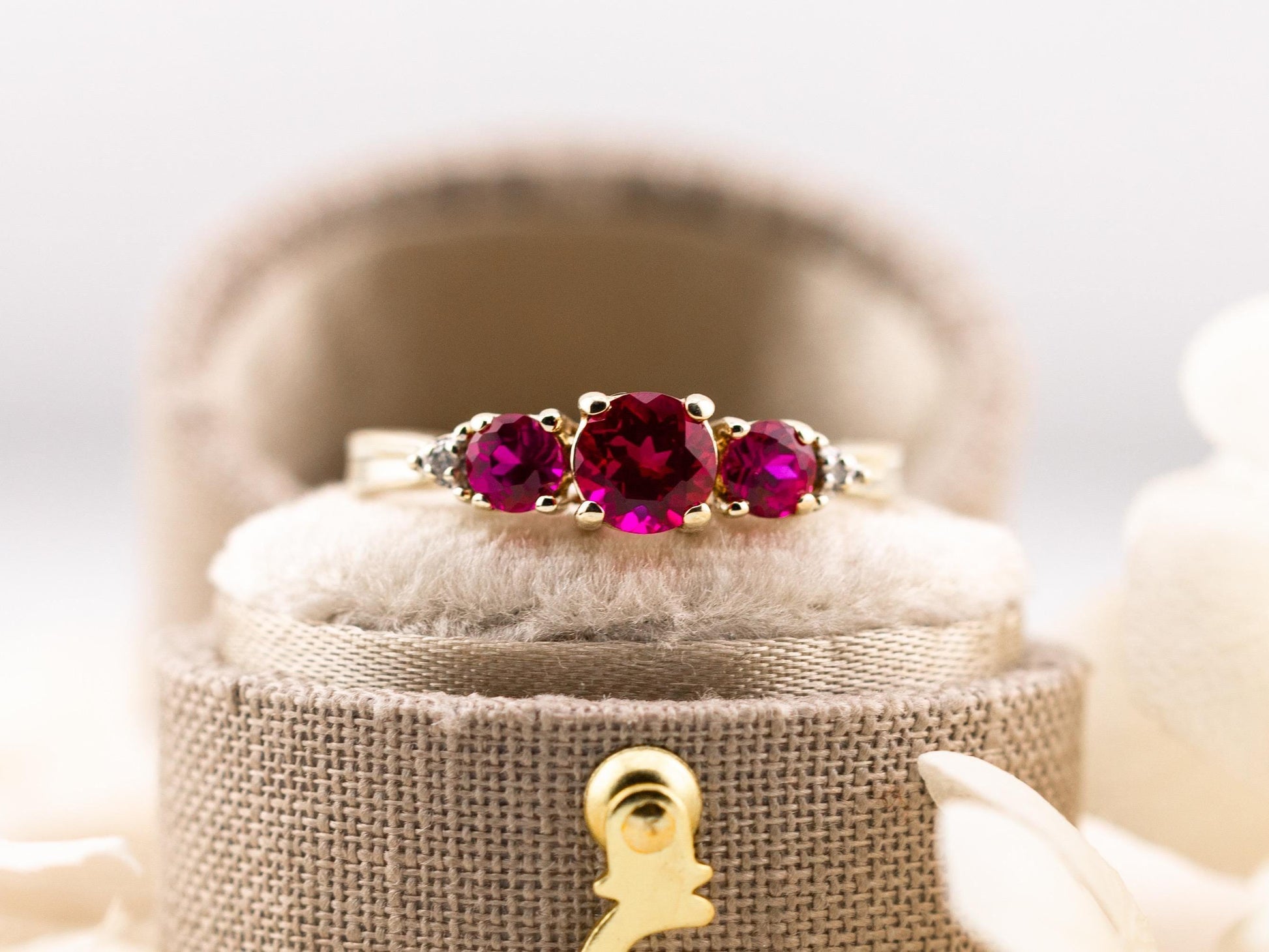 Vintage ruby ring round cut three stone ruby ring 10k solid yellow gold lab grown ethical ruby and diamond ring, size 6.5
