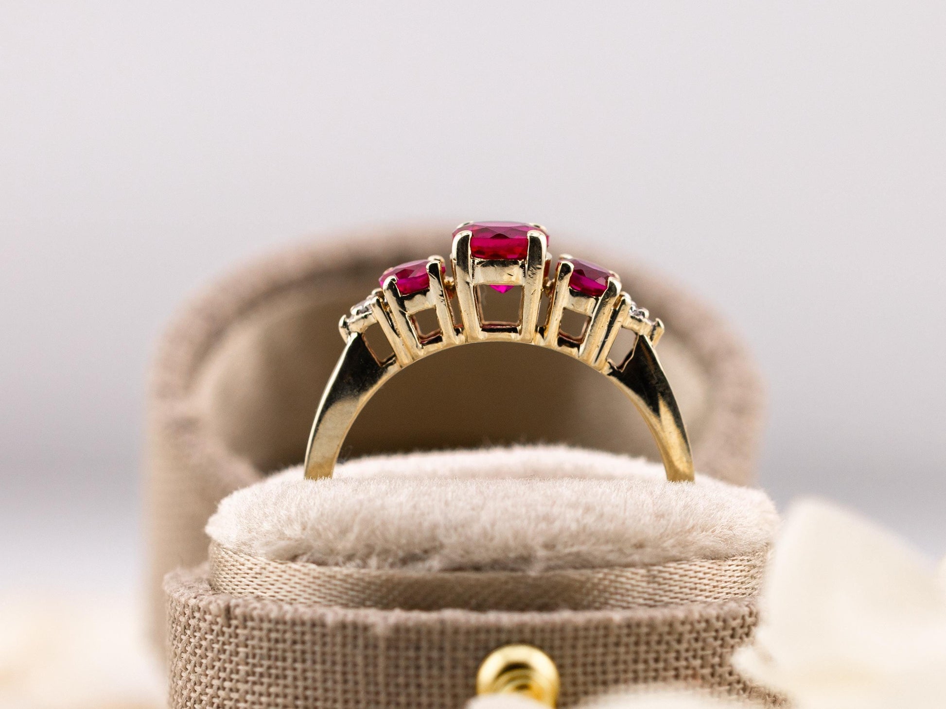 Vintage ruby ring round cut three stone ruby ring 10k solid yellow gold lab grown ethical ruby and diamond ring, size 6.5