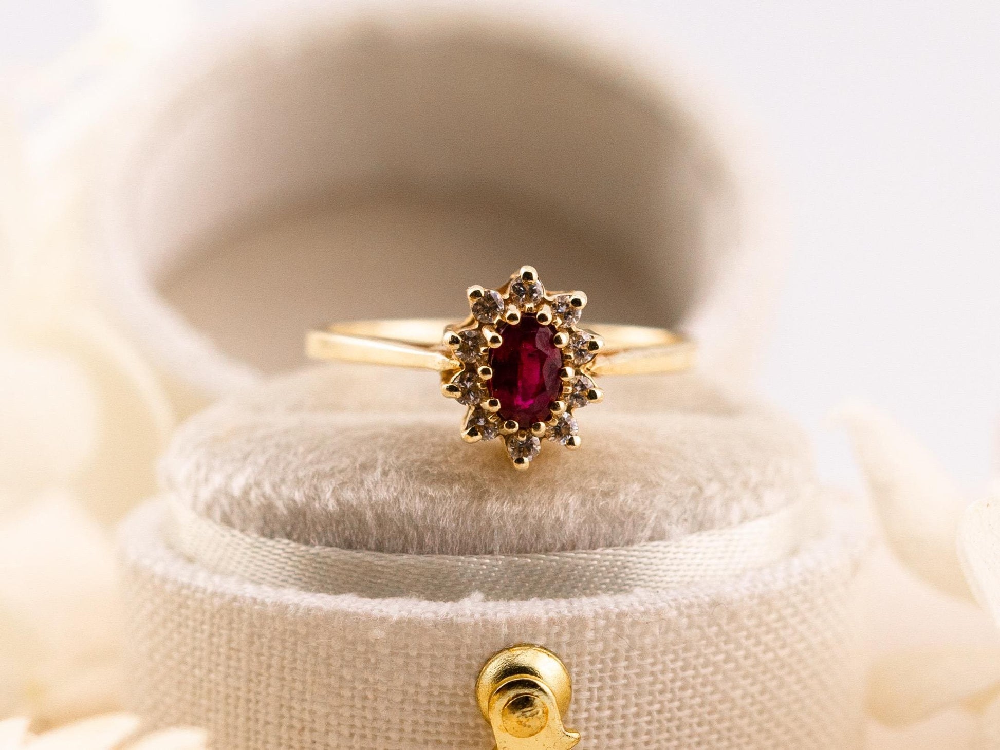 Vintage Ruby and diamond ring 14k solid gold statement or engagement ring, genuine antique vintage oval cut halo ring size 5.25