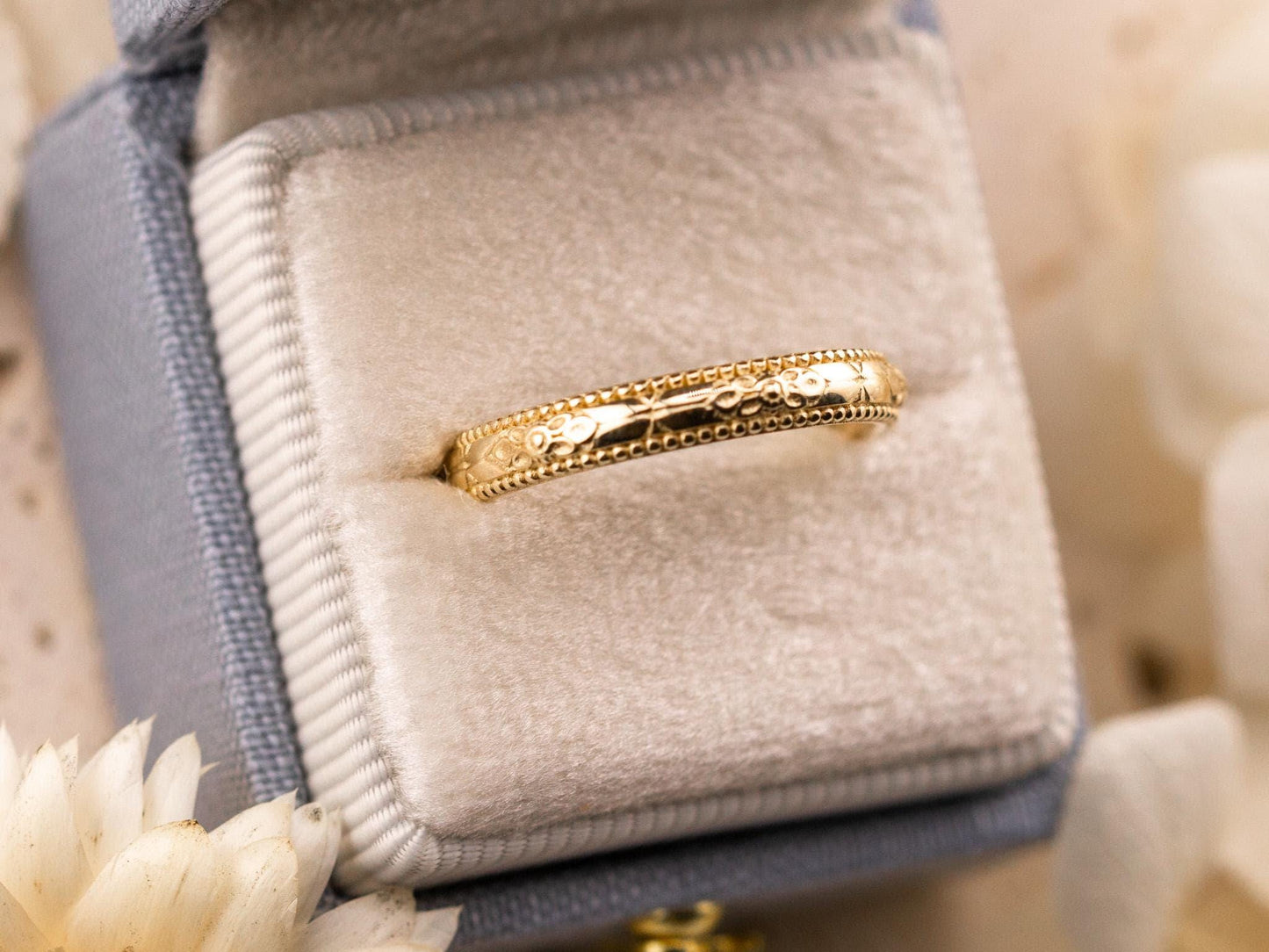 Vintage Art Deco band Orange Blossom Engraved Wedding Band 14k Yellow Gold handmade ring