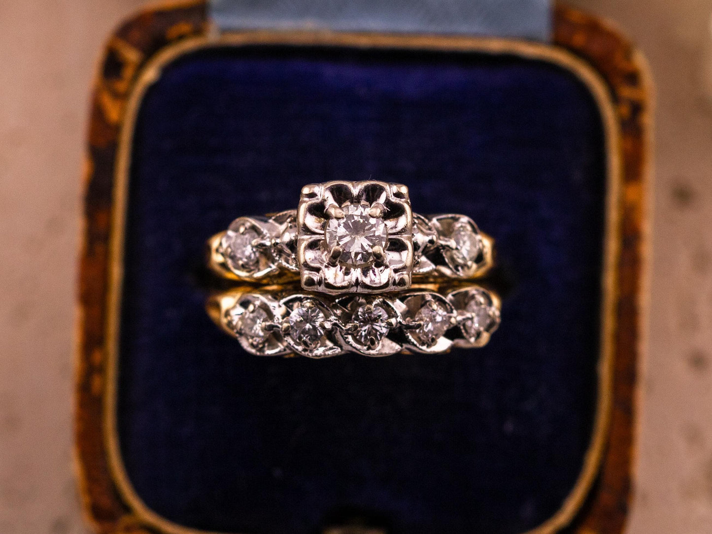 Vintage bridal set engagement ring and wedding band set 14k solid gold old European cut engagement ring antique wedding rings, size 5.5