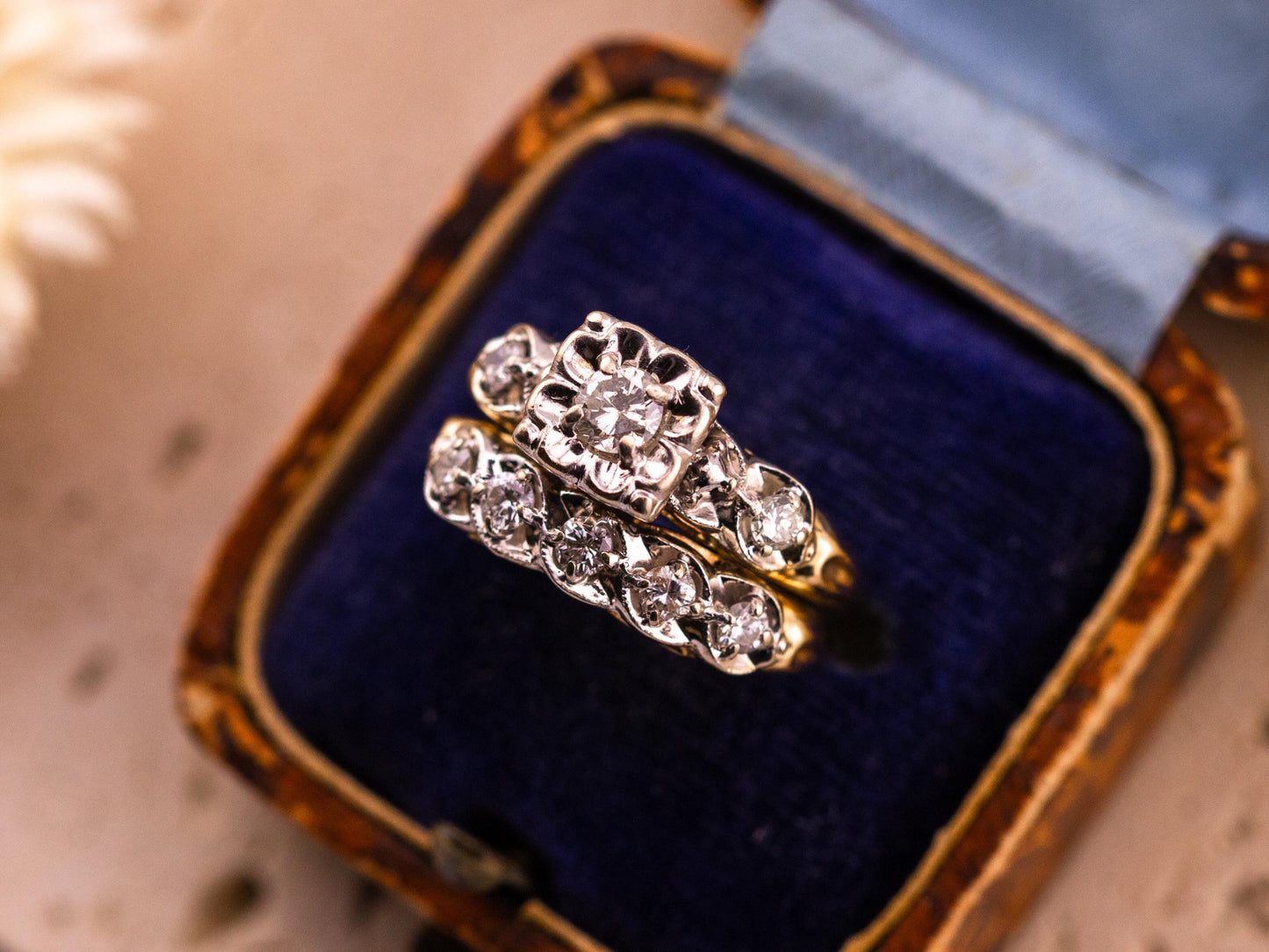 Vintage bridal set engagement ring and wedding band set 14k solid gold old European cut engagement ring antique wedding rings, size 5.5