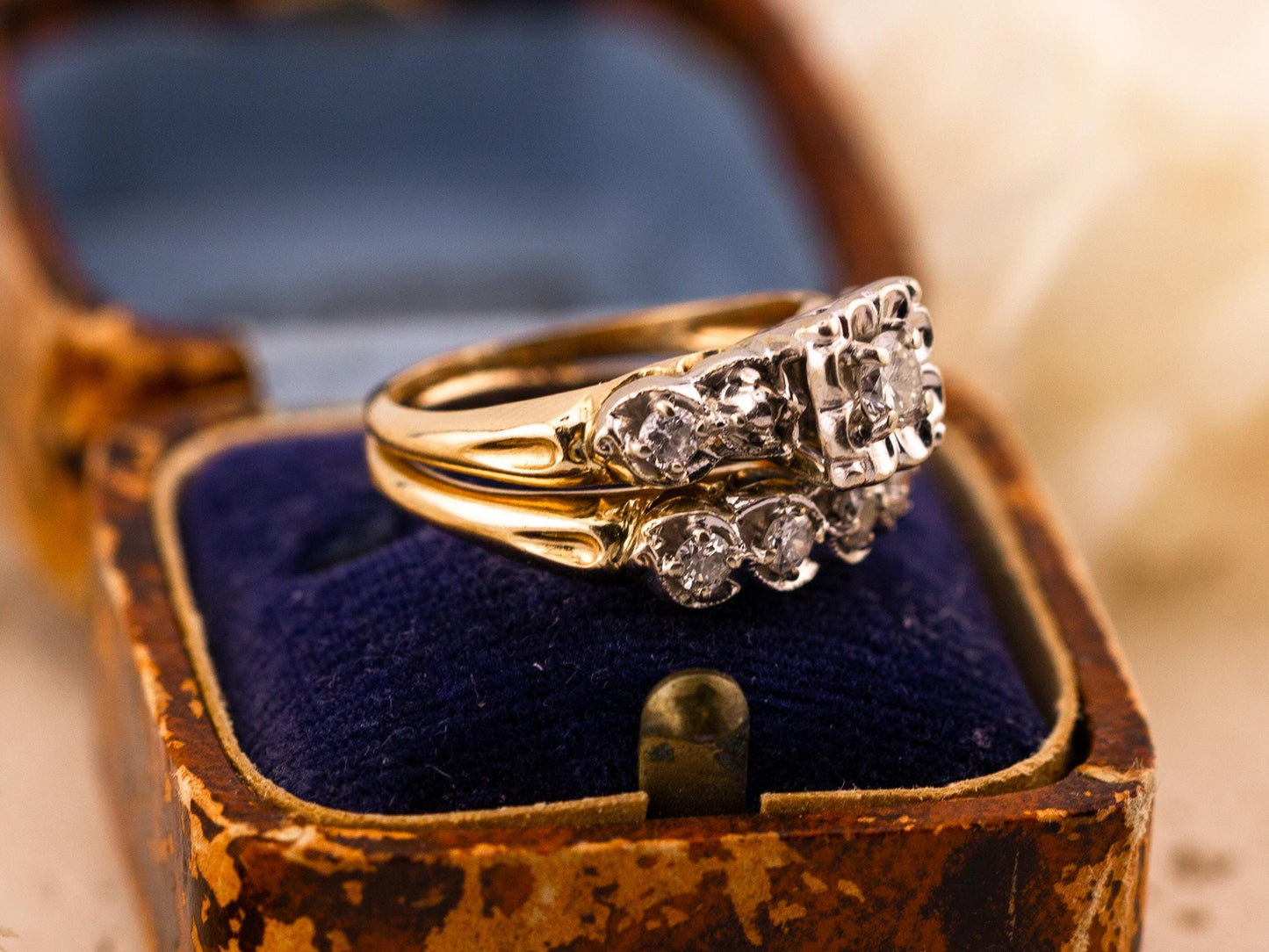 Vintage bridal set engagement ring and wedding band set 14k solid gold old European cut engagement ring antique wedding rings, size 5.5
