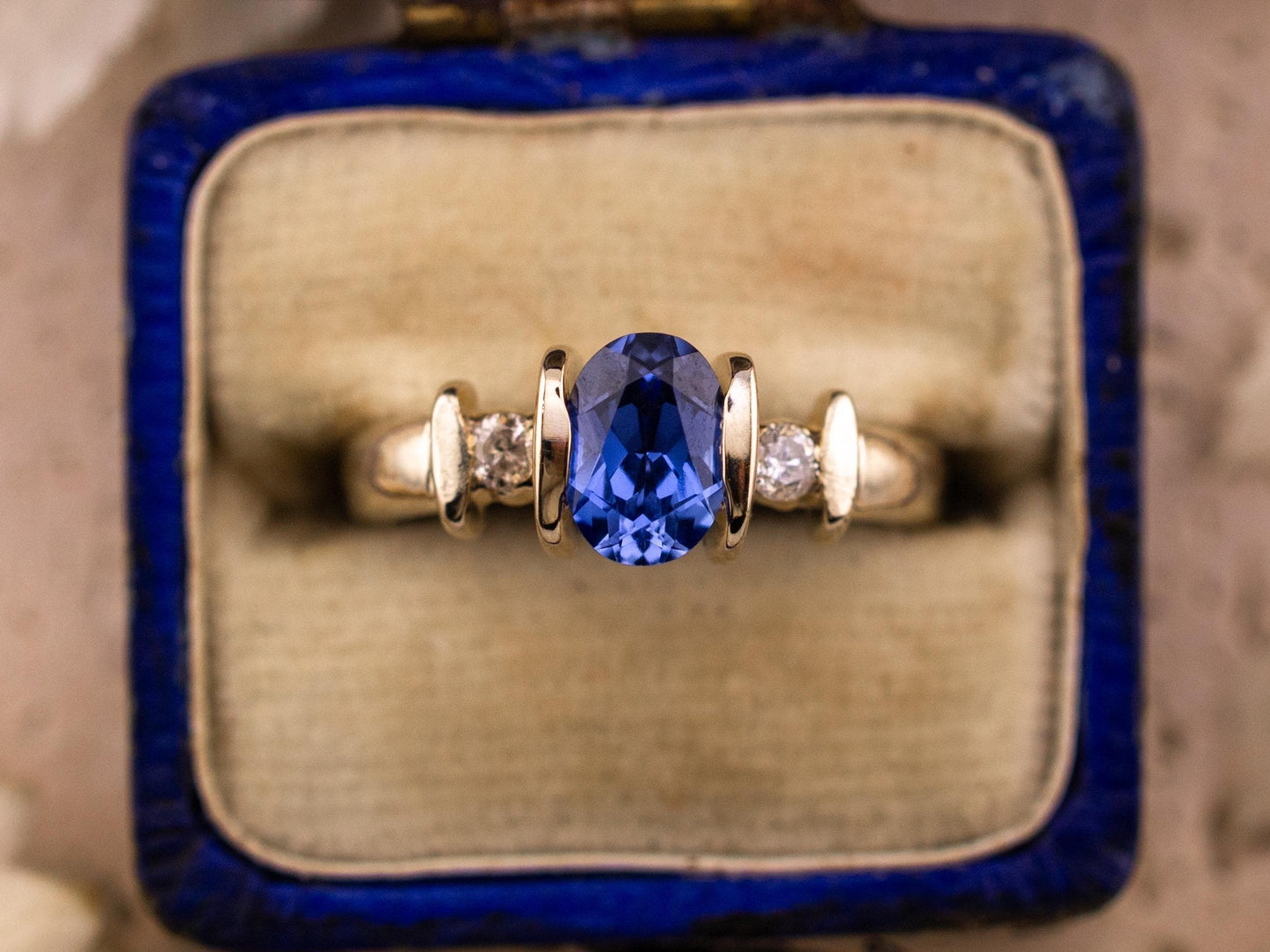Vintage Sapphire and diamond ring three stone ring 9k solid white gold ring with lab grown ethical sapphire and natural diamonds, size 4.75