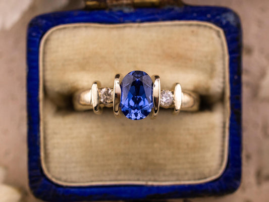 Vintage Sapphire and diamond ring three stone ring 9k solid white gold ring with lab grown ethical sapphire and natural diamonds, size 4.75