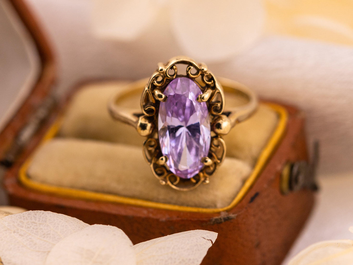 Vintage amethyst ring filigree ring 10k solid yellow gold ring oval cut amethyst, Size 5.5