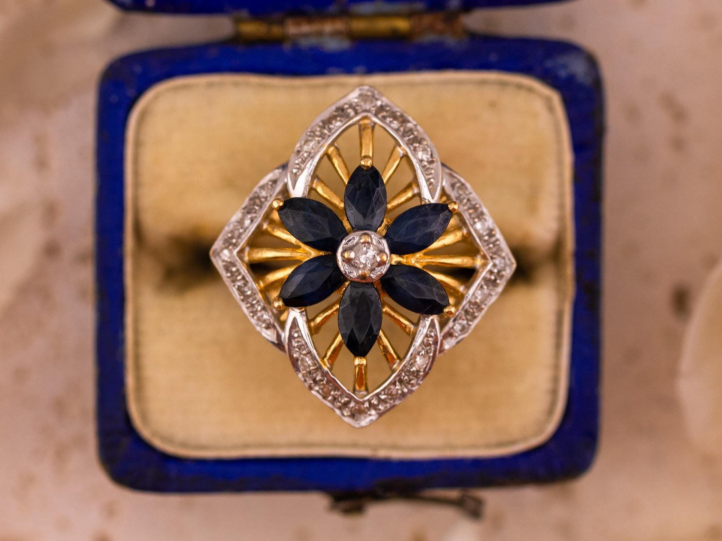 Vintage Sapphire and diamond ring marquise flower sapphire ring 14k solid yellow gold antique ring vintage ring, size 6.25