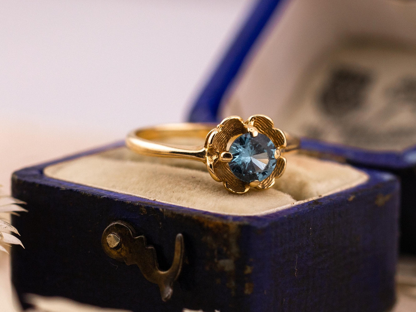Vintage Topaz ring Blue Topaz floral ring 10k solid yellow gold ring vintage antique ring floral ring, size 5