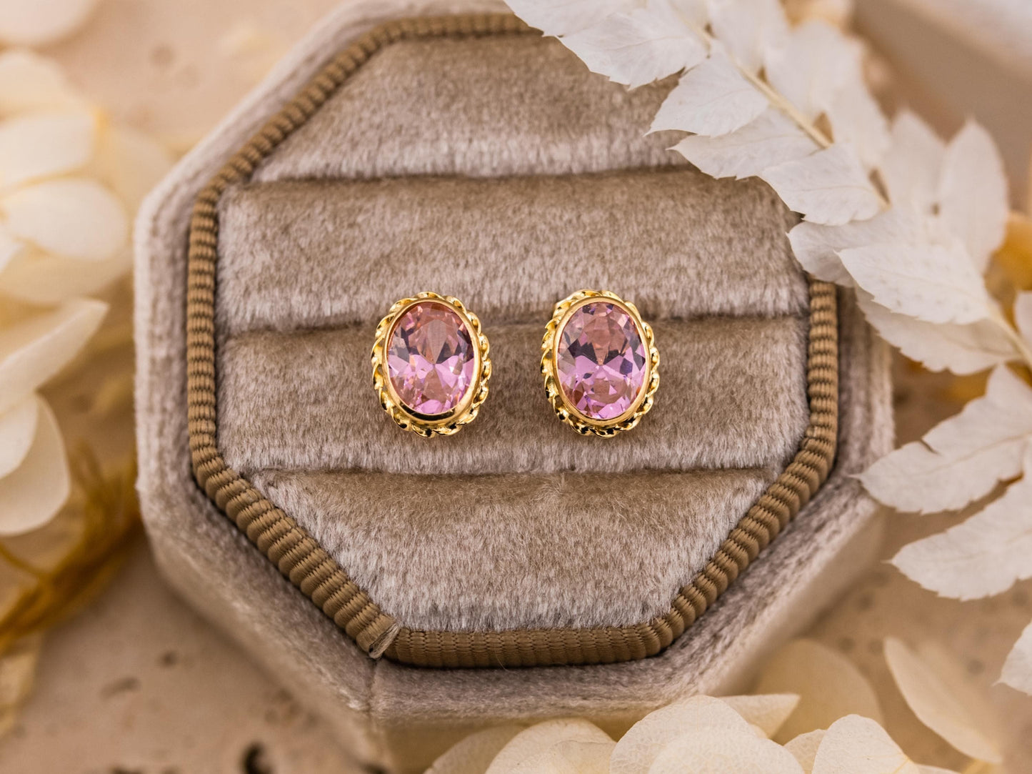 Vintage Earrings 14k Yellow Gold Pink Oval Crystal Stud Earrings Bezel Set
