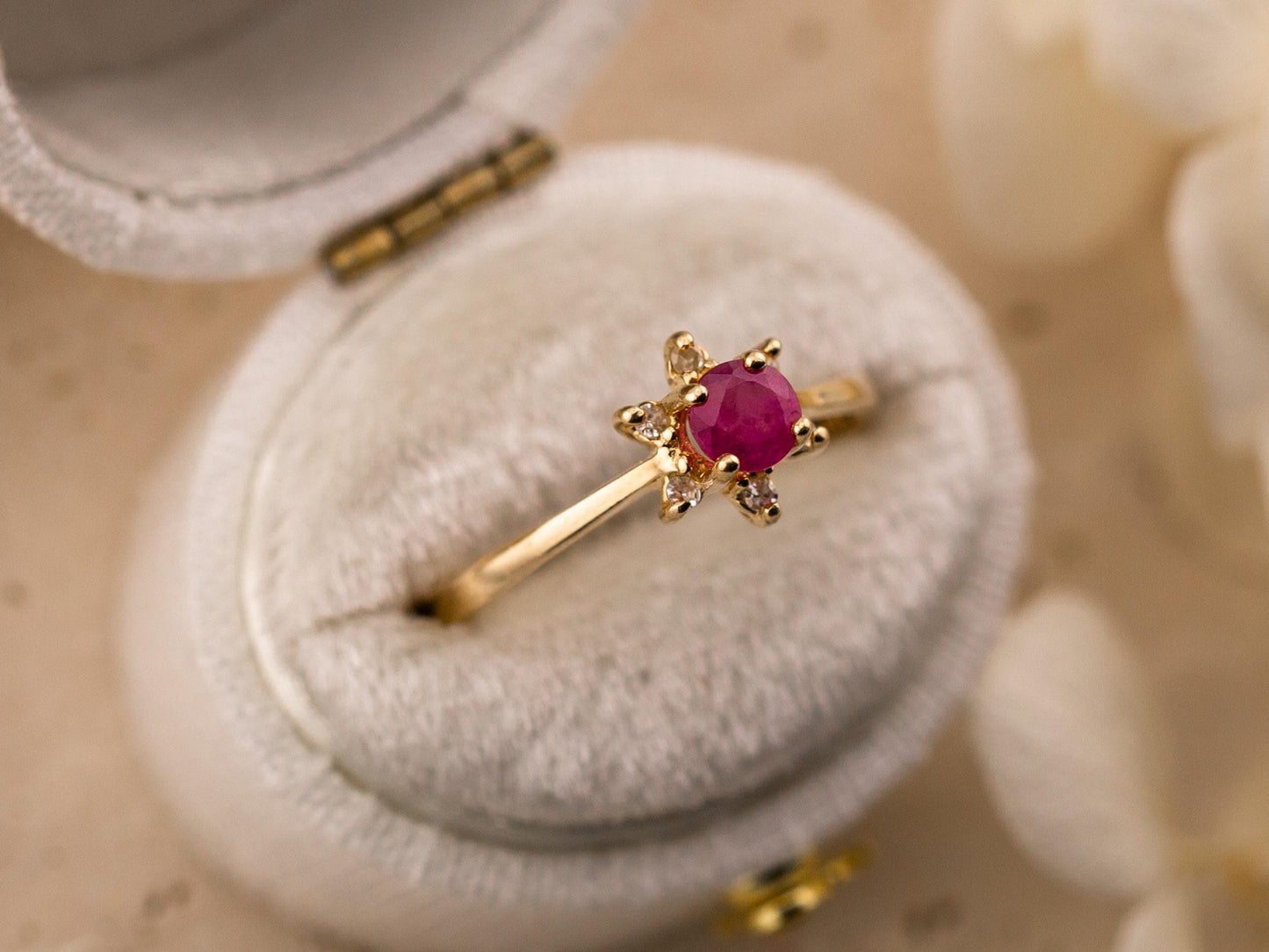 Vintage Ruby and diamond ring 10kt solid gold statement or engagement ring, genuine antique vintage round cut flower ring floral ring