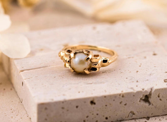 Vintage pearl ring 14k solid yellow gold statement or engagement ring genuine antique ring vintage ring, size 5
