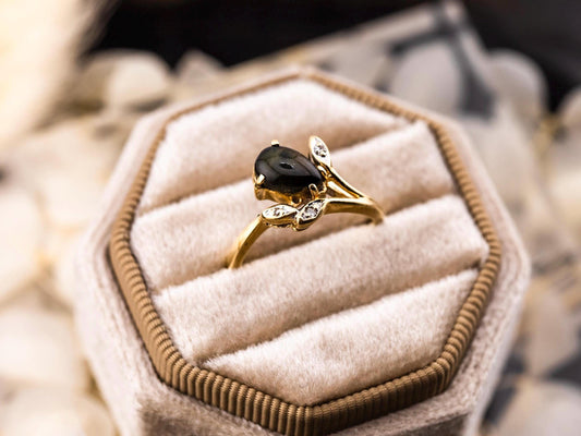 Vintage Black Star Sapphire and diamond ring 14k solid yellow gold statement ring floral inspired genuine antique ring vintage ring, size 6