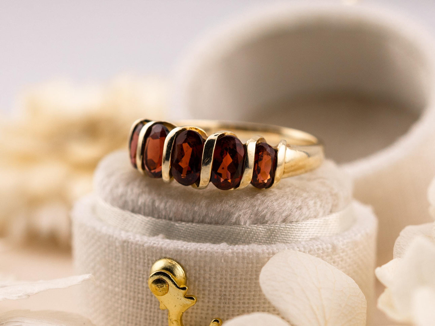 Vintage Garnet Ring five stone garnet ring 10k Solid Gold Ring January Birthstone ring, size 8