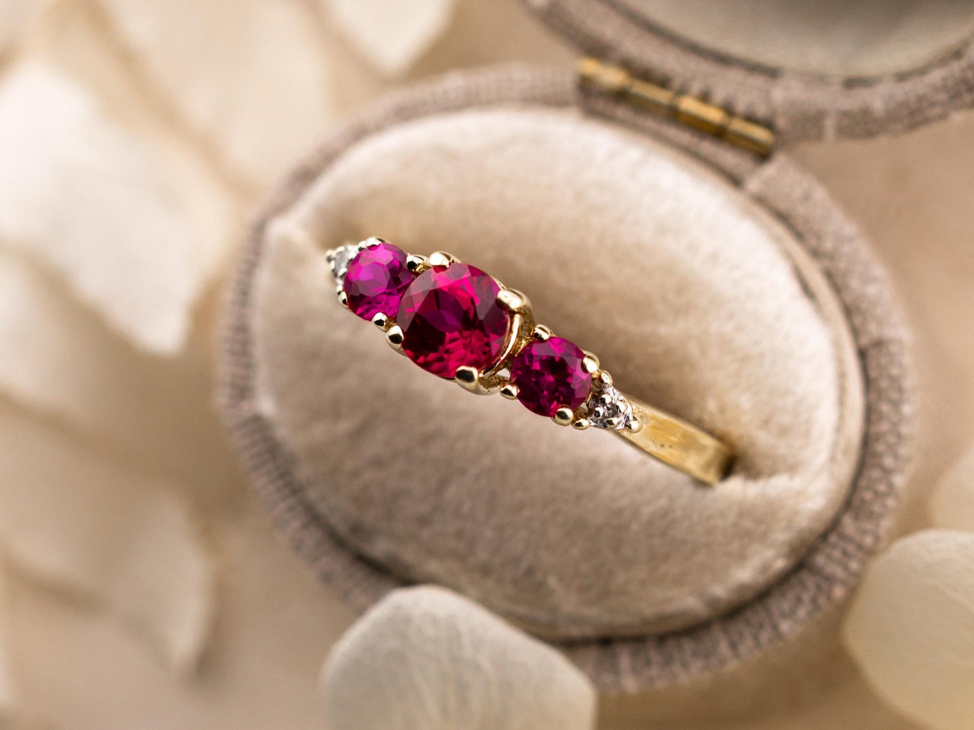 Vintage ruby ring round cut three stone ruby ring 10k solid yellow gold lab grown ethical ruby and diamond ring, size 6.5