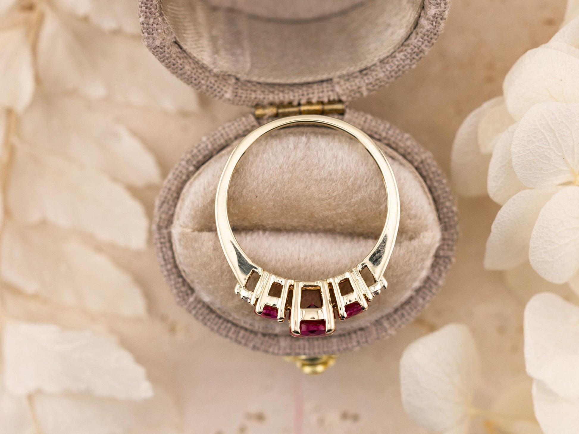 Vintage ruby ring round cut three stone ruby ring 10k solid yellow gold lab grown ethical ruby and diamond ring, size 6.5