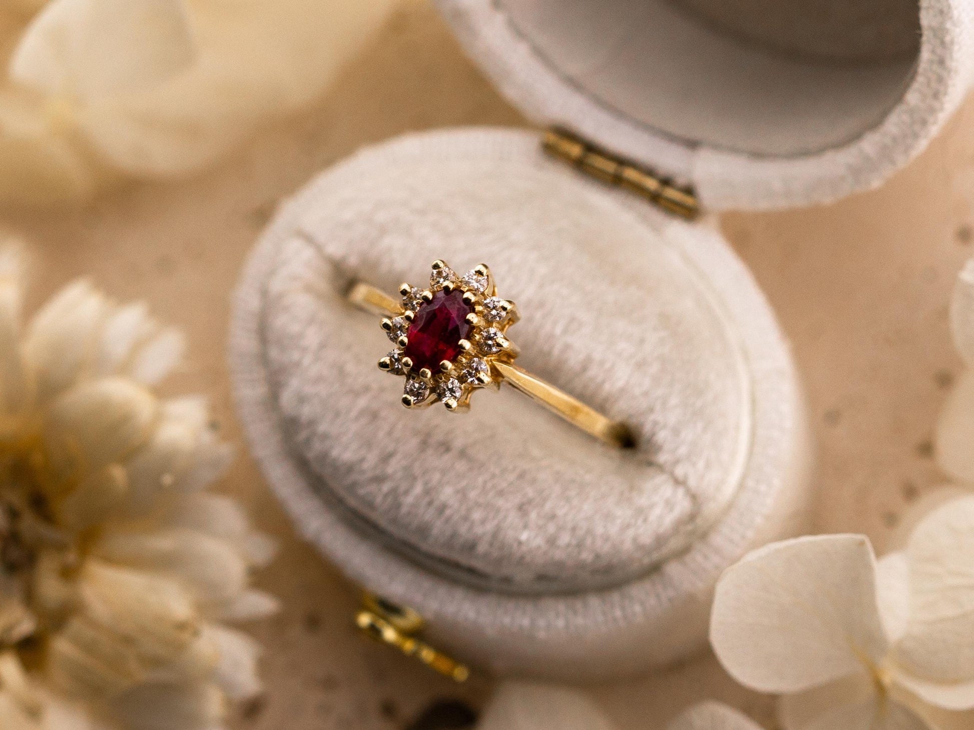 Vintage Ruby and diamond ring 14k solid gold statement or engagement ring, genuine antique vintage oval cut halo ring size 5.25