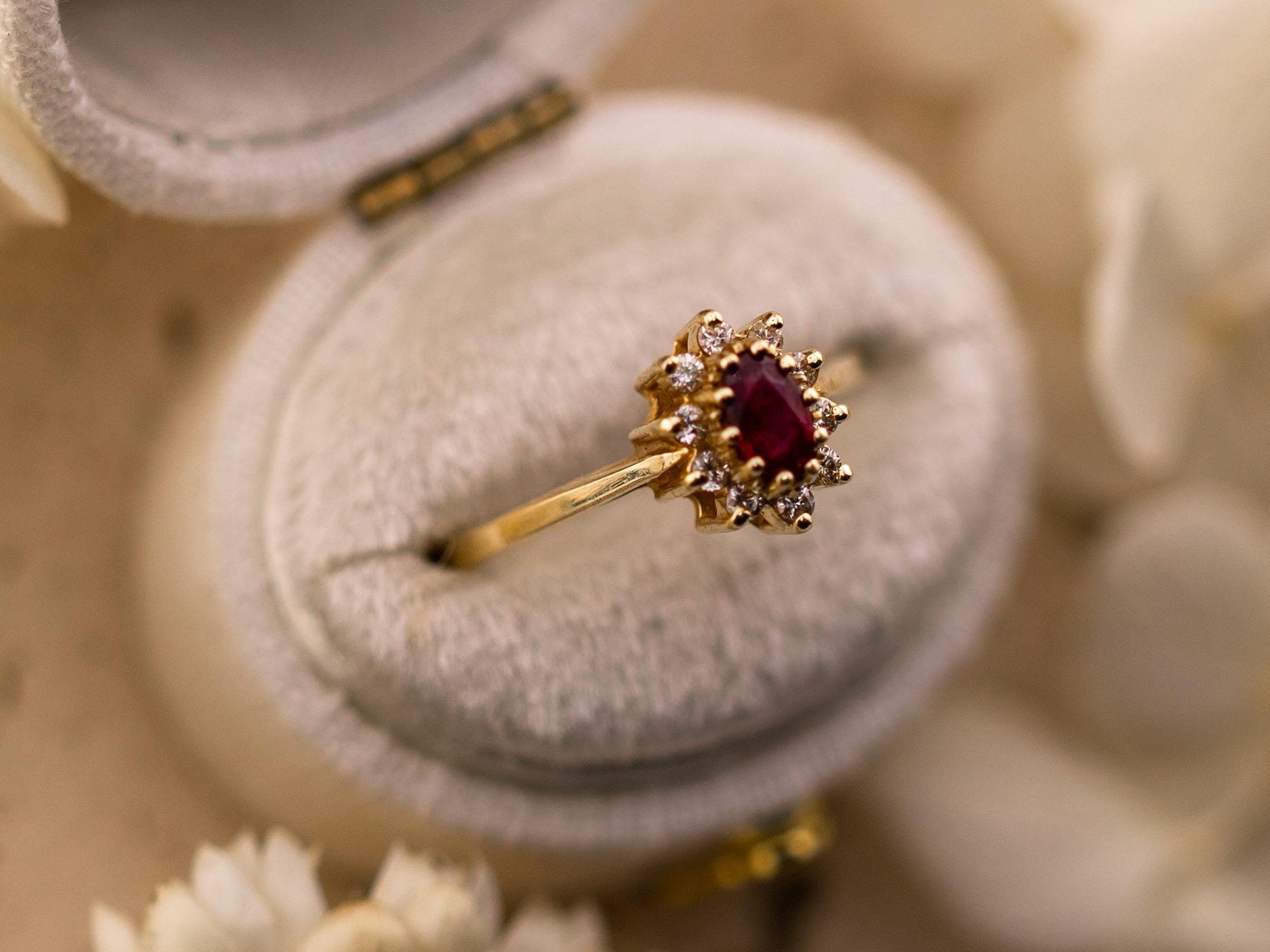 Vintage Ruby and diamond ring 14k solid gold statement or engagement ring, genuine antique vintage oval cut halo ring size 5.25