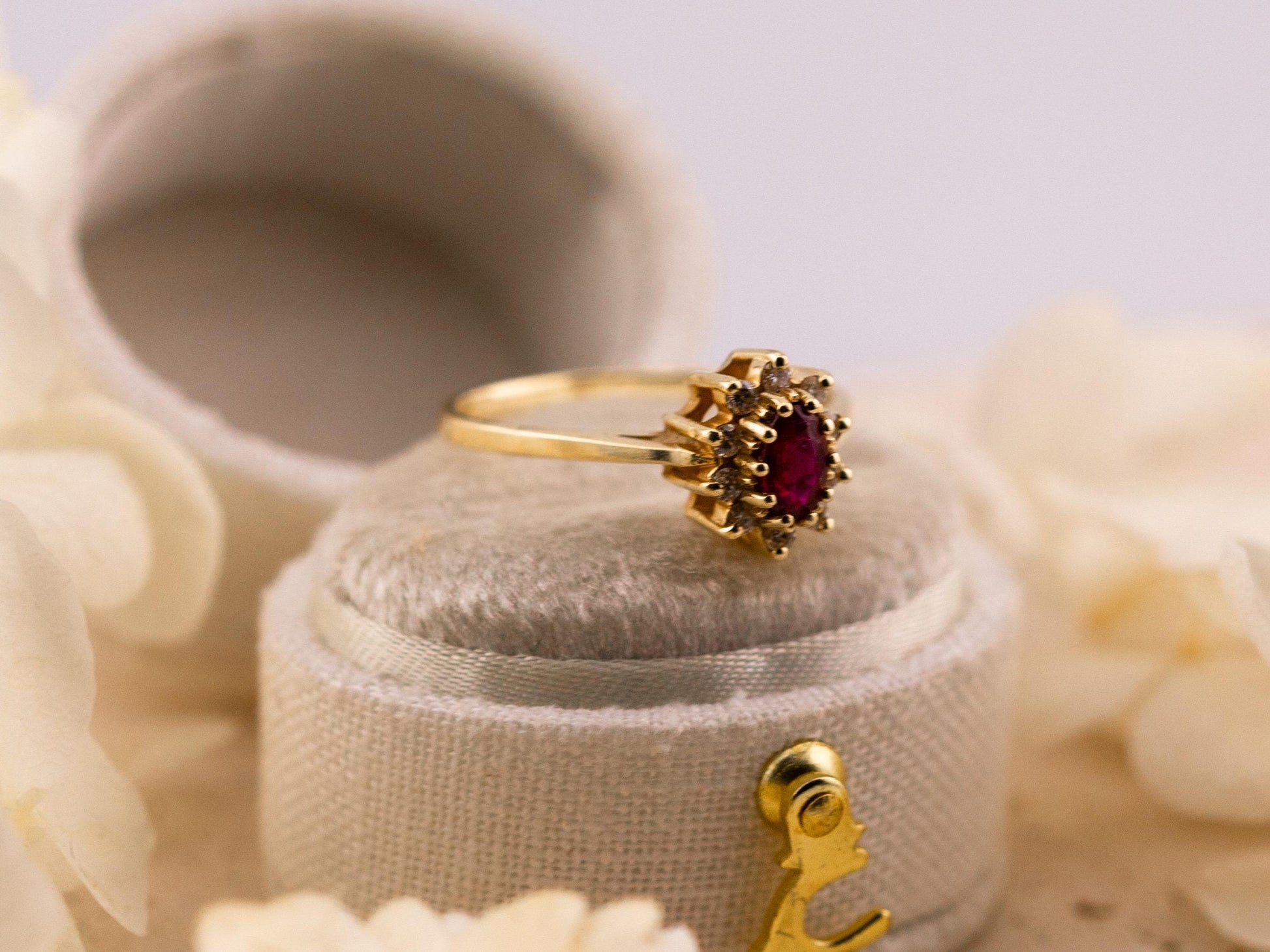 Vintage Ruby and diamond ring 14k solid gold statement or engagement ring, genuine antique vintage oval cut halo ring size 5.25