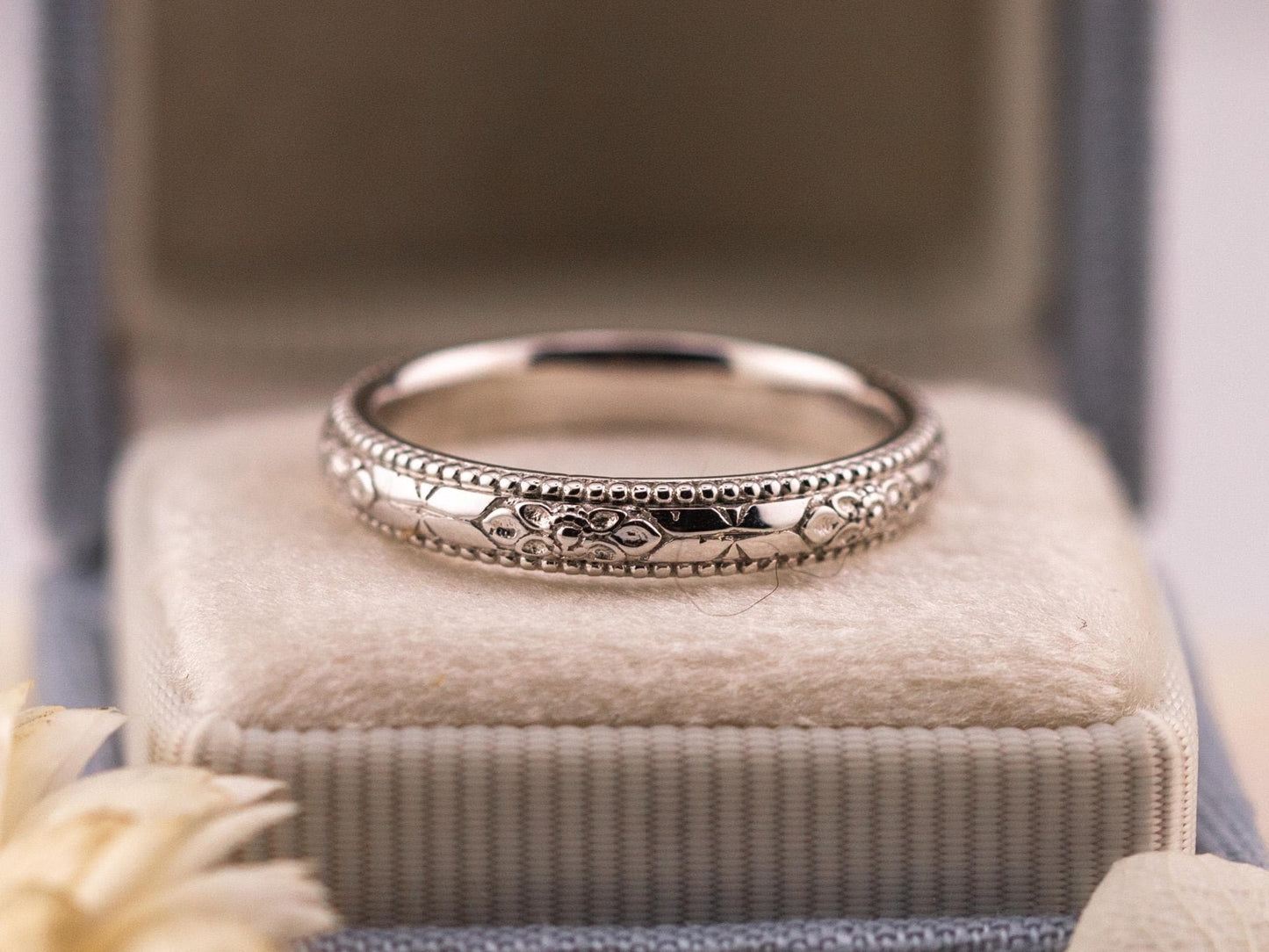 Vintage Art Deco band Orange Blossom Engraved Wedding Band 14k Yellow Gold handmade ring