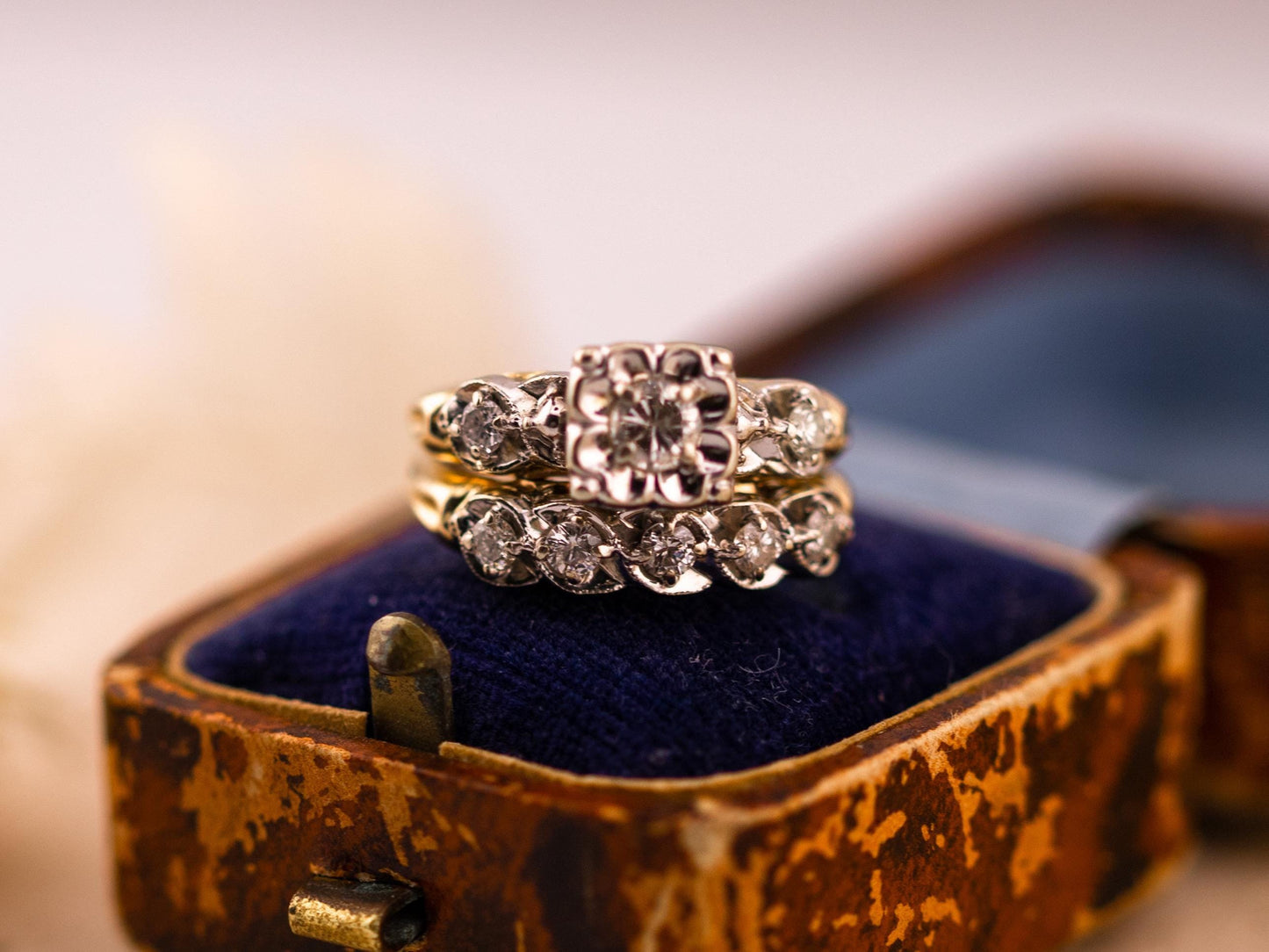 Vintage bridal set engagement ring and wedding band set 14k solid gold old European cut engagement ring antique wedding rings, size 5.5
