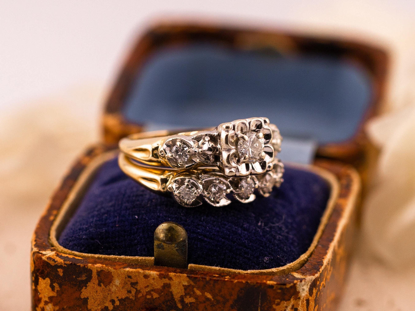 Vintage bridal set engagement ring and wedding band set 14k solid gold old European cut engagement ring antique wedding rings, size 5.5