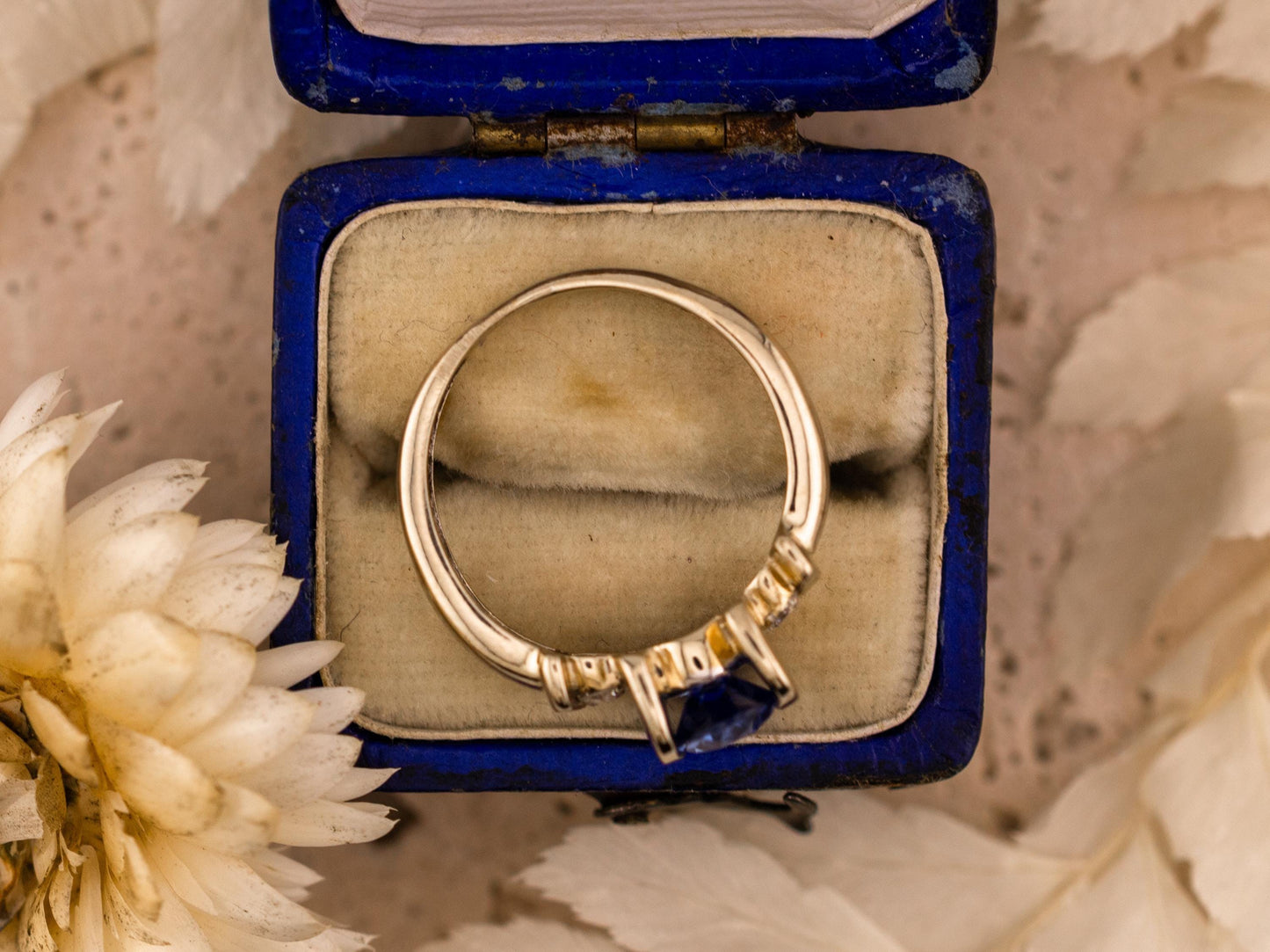 Vintage Sapphire and diamond ring three stone ring 9k solid white gold ring with lab grown ethical sapphire and natural diamonds, size 4.75