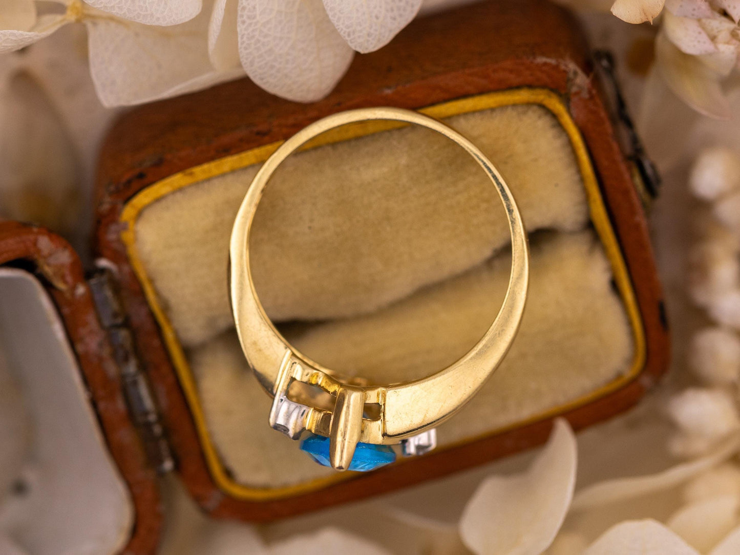 Vintage topaz marquise ring with diamonds 14k solid yellow gold ring blue topaz and diamond bypass ring, Size 5.75