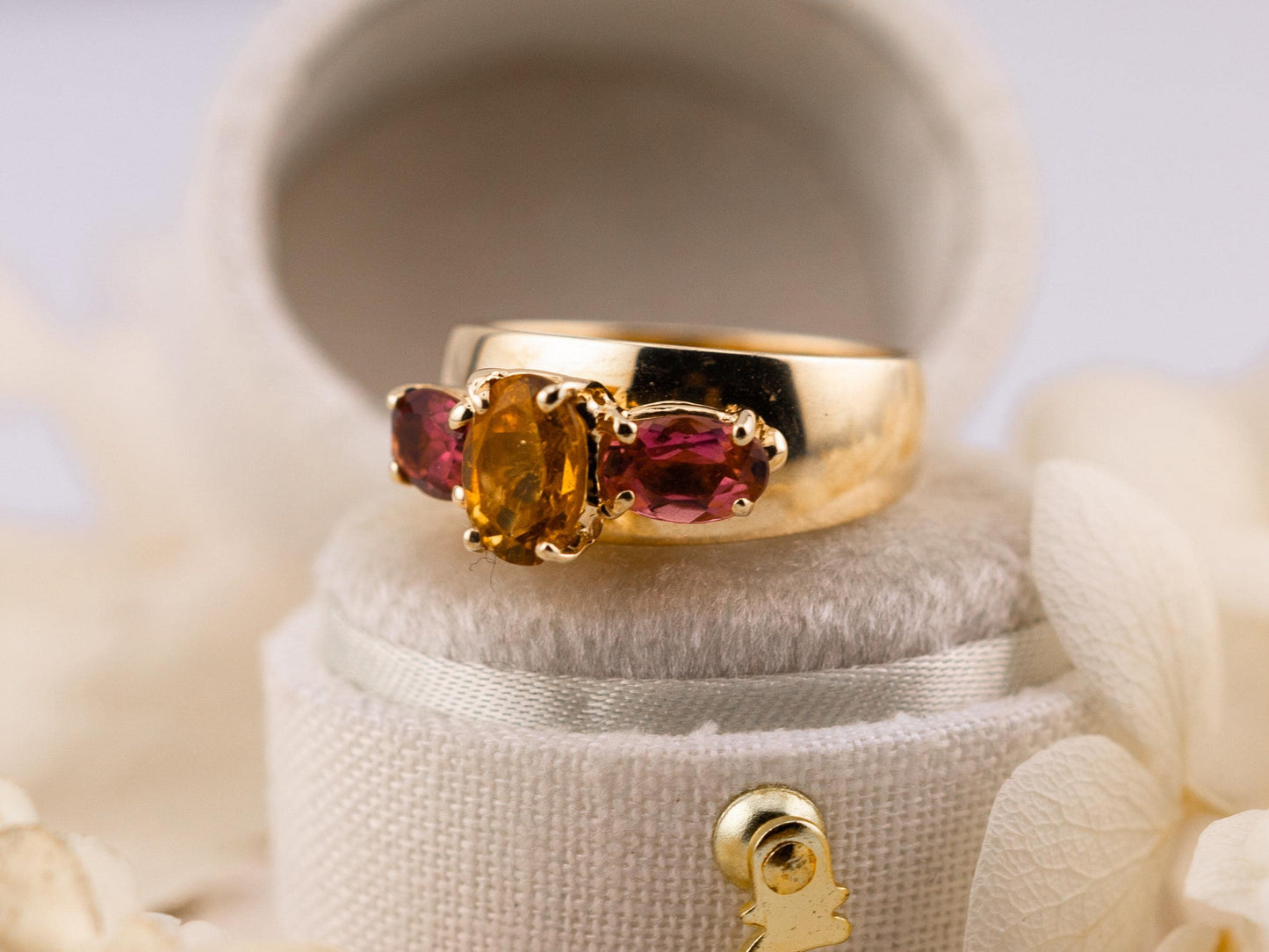 Vintage citrine and morganite ring 14k gold citrine ring three stone ring morganite ring solid gold ring birthstone ring, size 5.75